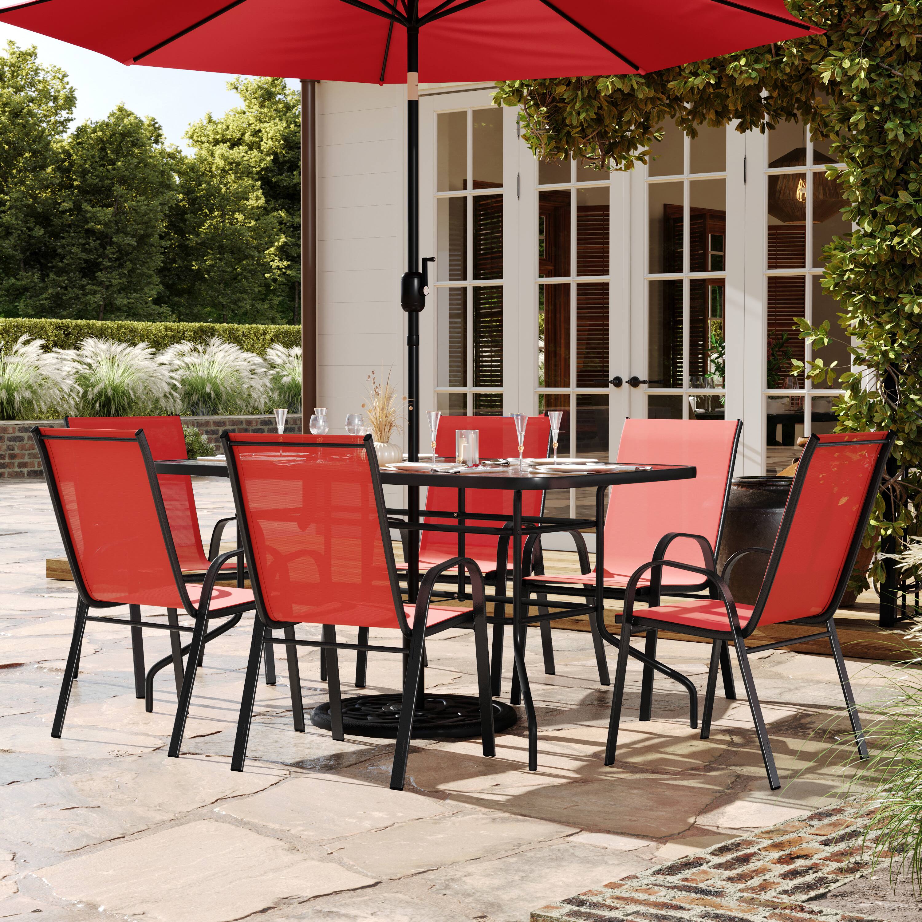 Alt View 1. Flash Furniture - Brazos 7 Piece Outdoor Patio Dining Set - 55" Tempered Glass Patio Table with Umbrella Hole, 6 Red Flex Comfort Stack Ch - Red.