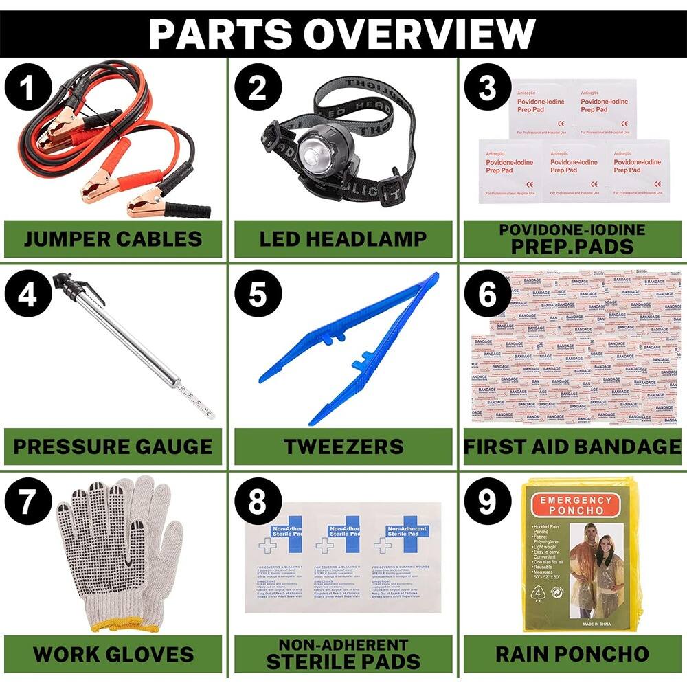 1. JUMPER CABLES  
2. LED HEADLAMP  
3. POVIDONE-IODINE PREP.PADS  
4. PRESSURE GAUGE  
5. TWEezers  
6. FIRST AID BANDAGE  
7. WORK GLOVES  
8. NON-ADHERENT STERILE PADS  
9. RAIN PONCHO