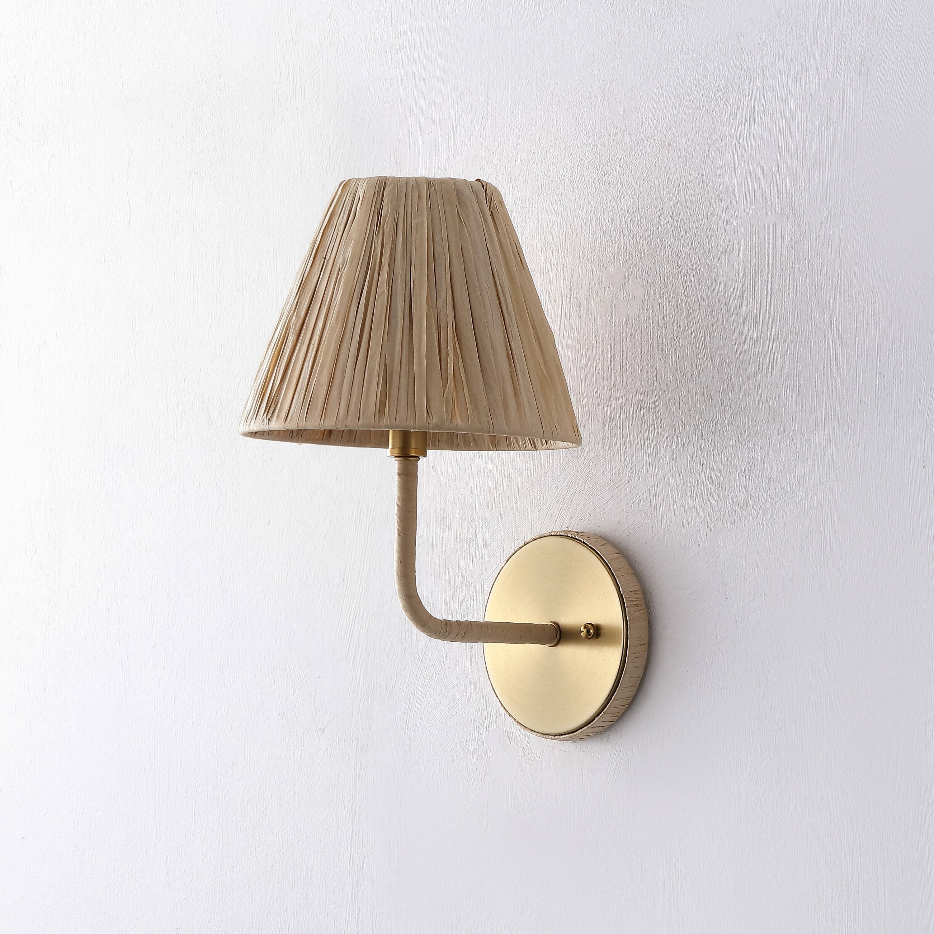 Alt View 5. Jonathan Y - Malaya 8" 1-Light Bohemian Coastal Metal Pleated Paper Shade LED Vanity Light, Beige/Brass Gold - Brass Gold/Beige.
