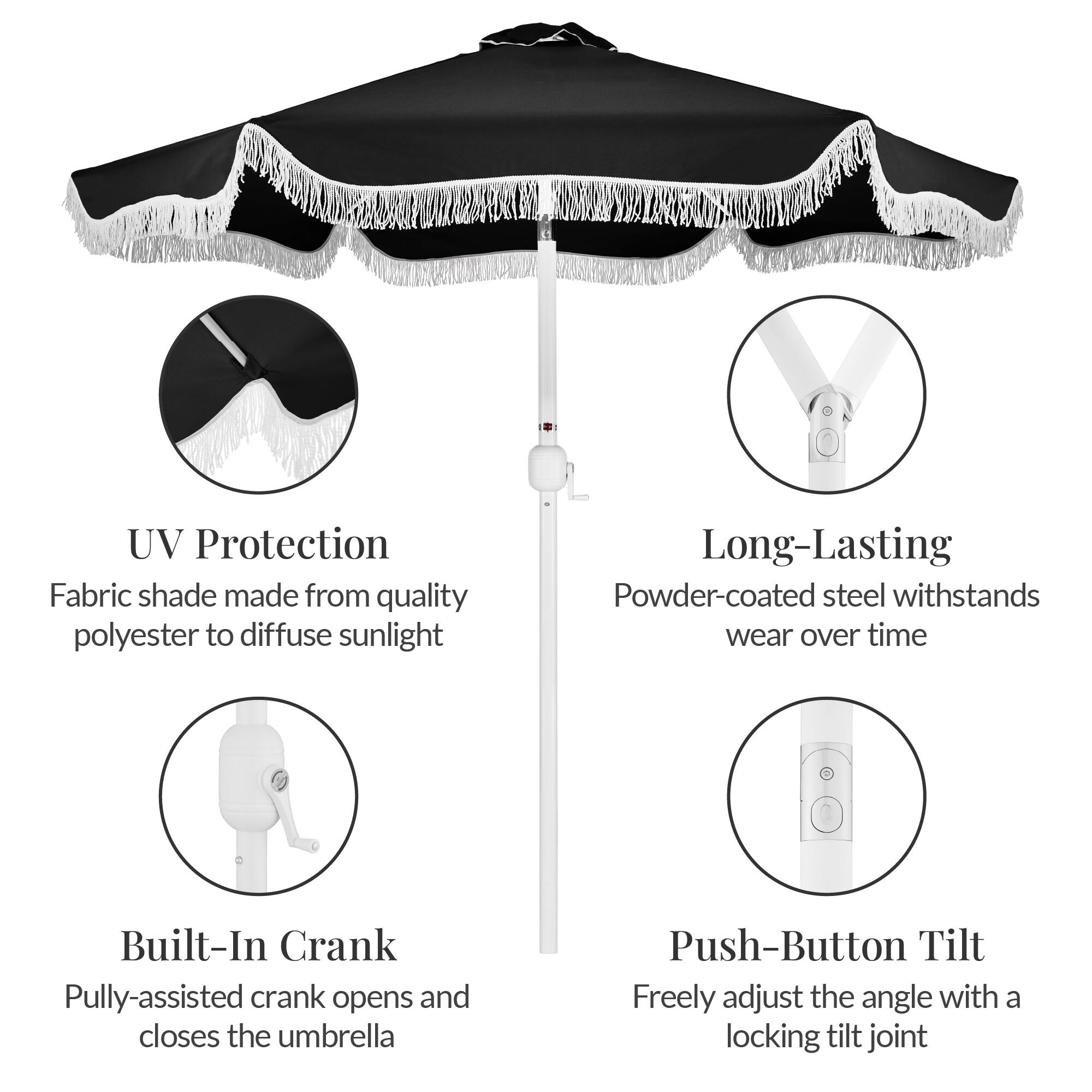 - UV Protection: Fabric shade made from quality polyester to diffuse sunlight
- Long-Lasting: Powder-coated steel withstands wear over time
- Built-In Crank: Pulley-assisted crank opens and closes the umbrella
- Push-Button Tilt: Freely adjust the angle with a locking tilt joint