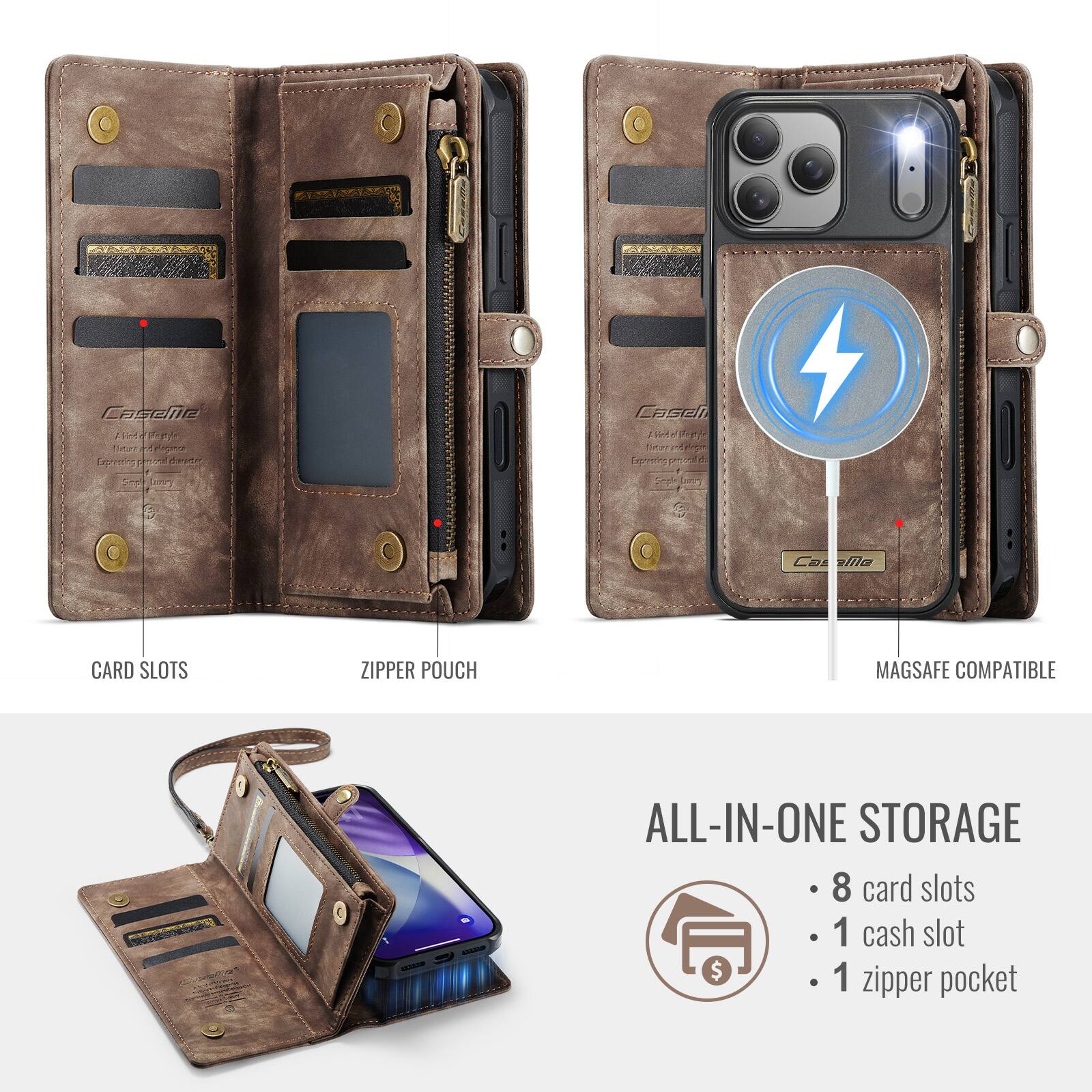 Casene  
KPP TRP  
Derrees 1  
a E Caseli  
d PF e  
Lere  

Cas ia CARD SLOTS ZIPPER POUCH MAGSAFE COMPATIBLE  
n_oc ALL-IN-ONE STORAGE  
8 card slots  
1 cash slot  
1 pocket zipper