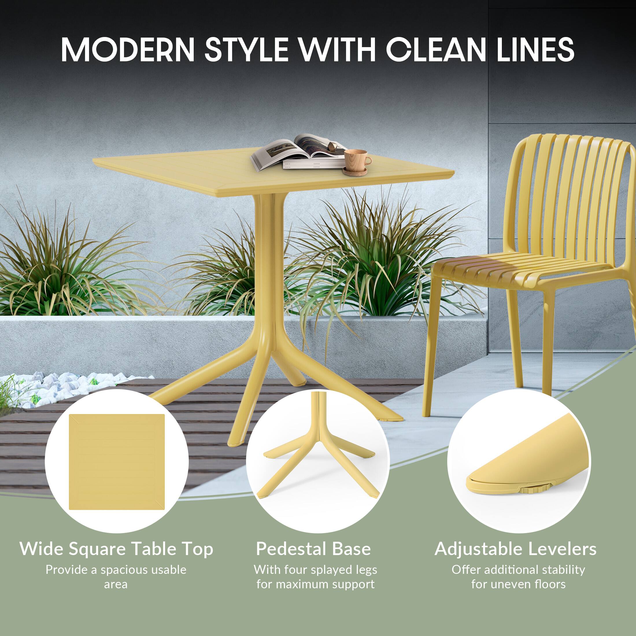 MODERN STYLE WITH CLEAN LINES

Wide Square Table Top
Provide a spacious usable area

Pedestal Base
With four splayed legs for maximum support

Adjustable Levelers
Offer additional stability for uneven floors