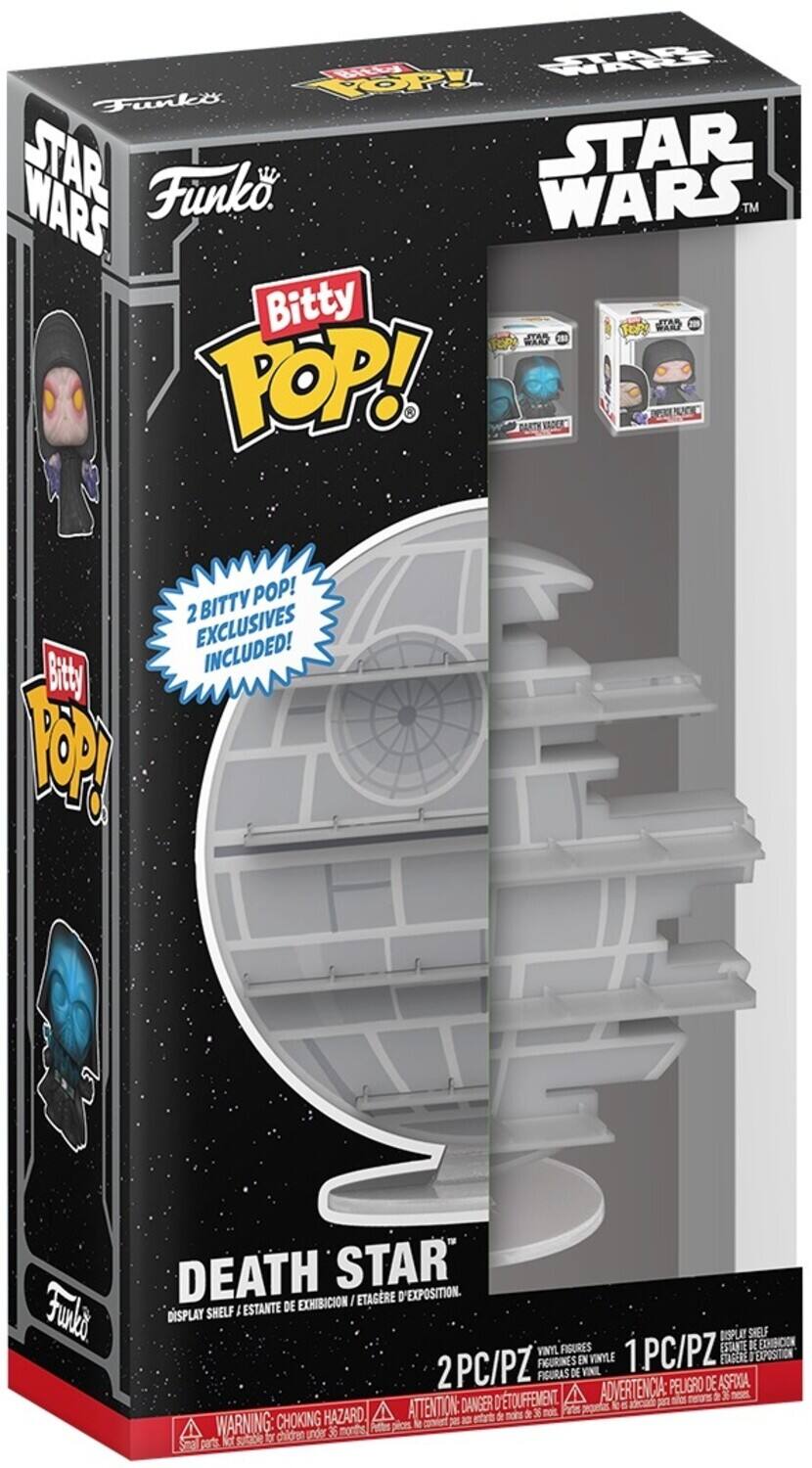 STAR WARS, Funko, Bitsy Pop!, 2 EXCLUSIVES INCLUDED!, DEATH STAR, DISPLAY SHELF, 2PC/PZ, FIGURES, VINYLE, 1PC/PZ, FIGURINES EN VINYLE, ETAGERE D'EXPOSITION, ESTANTE DE EXHIBICION, DISPLAY SHELF, WARNING: CHOKING HAZARD, ATTENTION: PELIGRO DE ASPHIXIEMENT, ATTENTION: DANGER D'ASPHIXIEMENT, 3 A 6 ans