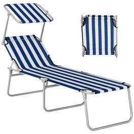 Outsunny - Outdoor Lounge Chair, Adjustable Folding Chaise Lounge, Tanning Chair with Sun Shade for Beach, Camping, Hiking - Blue and White