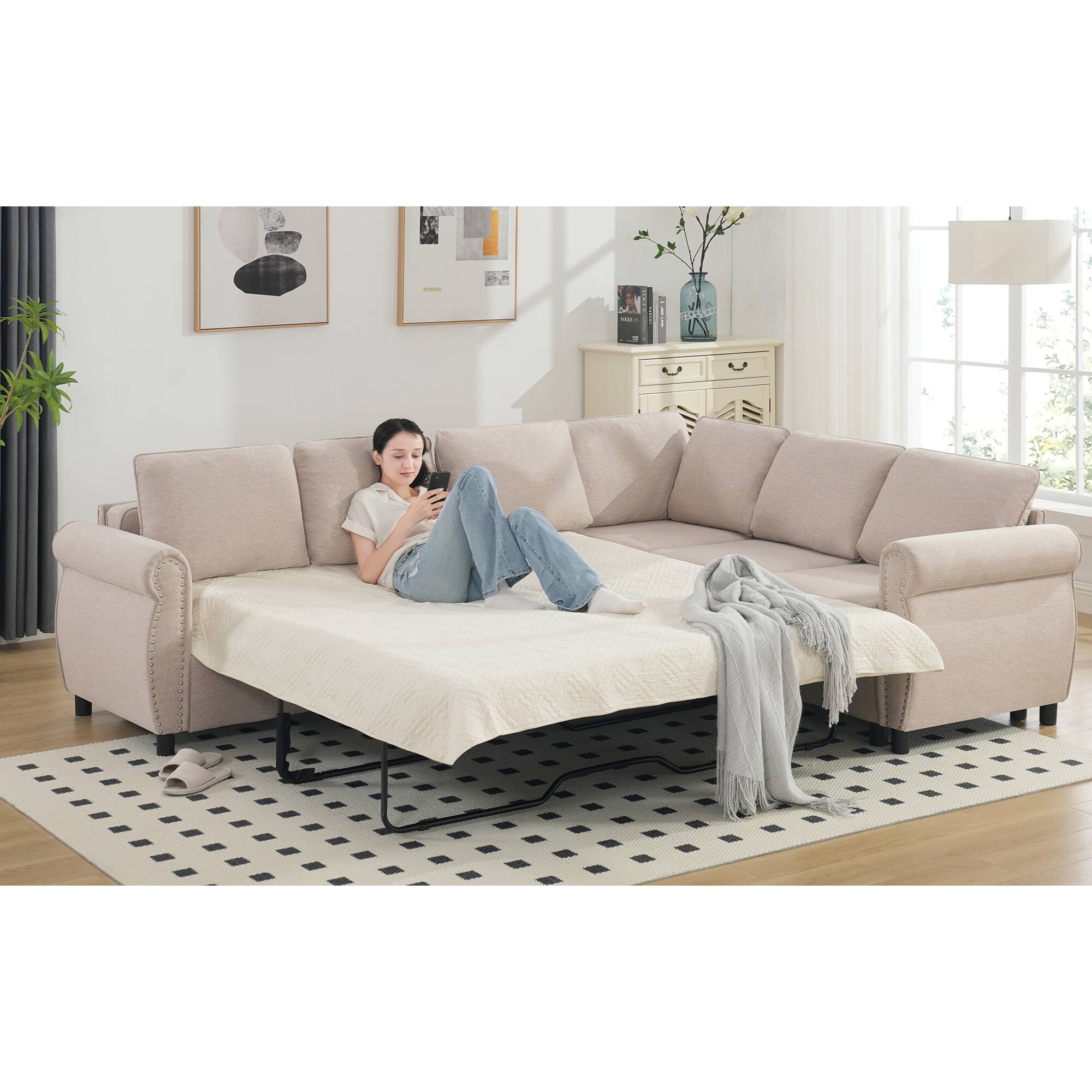 Angle. Roomtec - Sleeper Sofa 2 in 1 Pull Out Couch Bed6 seater sofa bed L Shaped Sleeper Sectional Sofa - Beige.