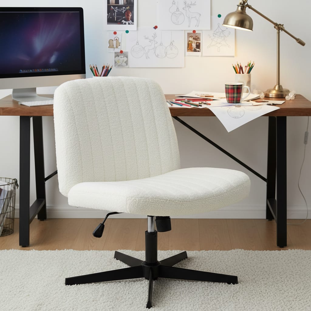 Spaco - Cross-Legged Office Chair, Extra Wide Seat Armless Swivel, Ergonomic Adjustable Height with Rocking, No Wheels - White