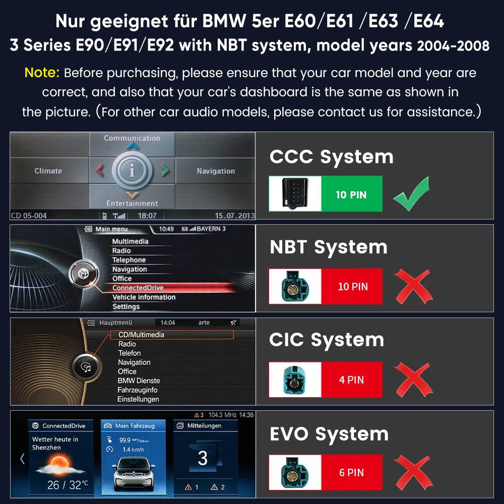 Nur geeignet für BMW 5er E60/E61 / E63 / E64 3 Series E90/E91/E92 with NBT system, model years 2004-2008

Note: Before purchasing, please ensure that your car model and year are correct, and also that your car's dashboard is the same as shown in the picture. (For other car audio models, please contact us for assistance.)

CCC System
10 PIN

NBT System
10 PIN

CIC System
4 PIN

EVO System
6 PIN