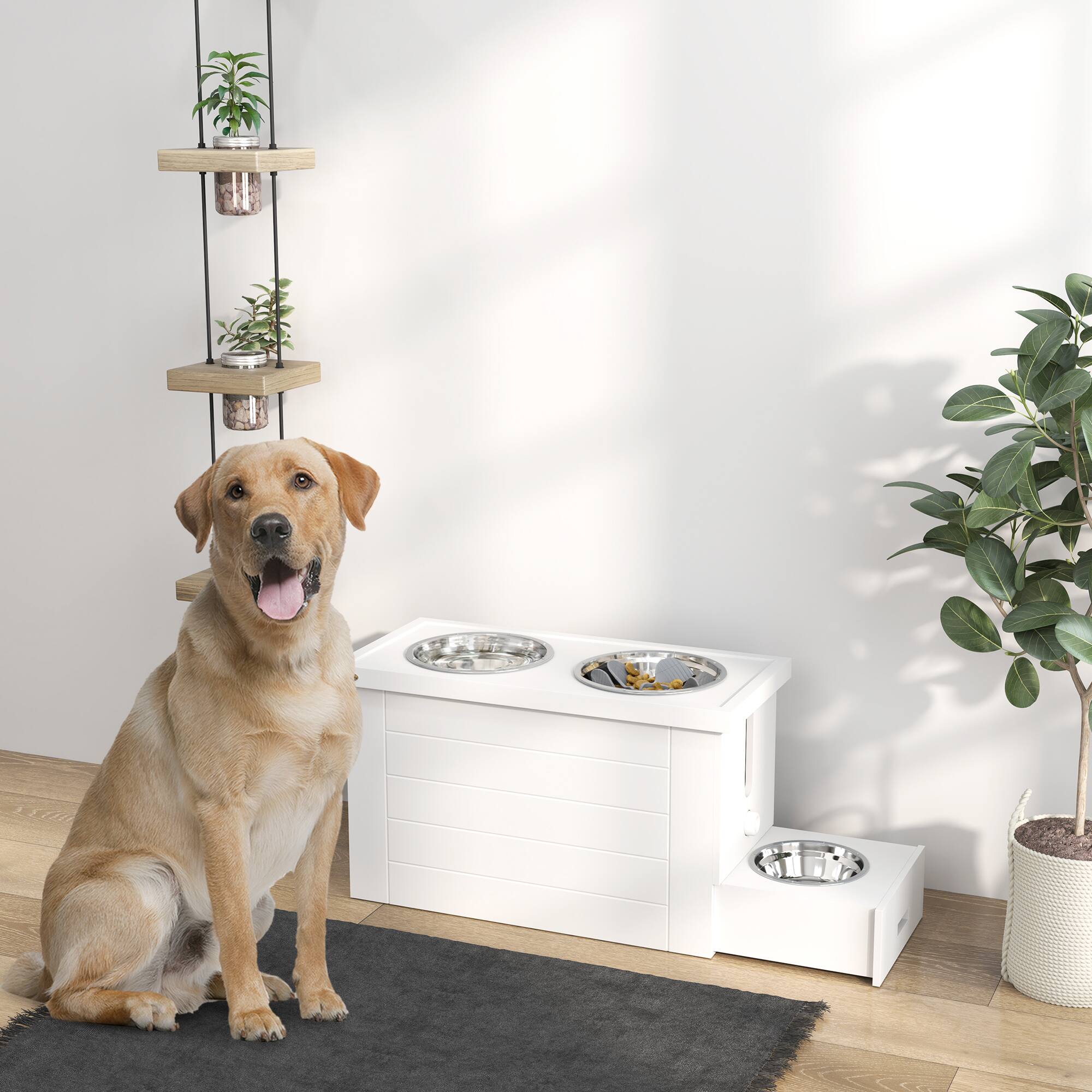 Angle. Pawhut - Elevated Dog Bowls with Feeder Mat & Function, Pet Feeding Station with Cabinet,  Bowls for Large & Extra Large Dogs - White.