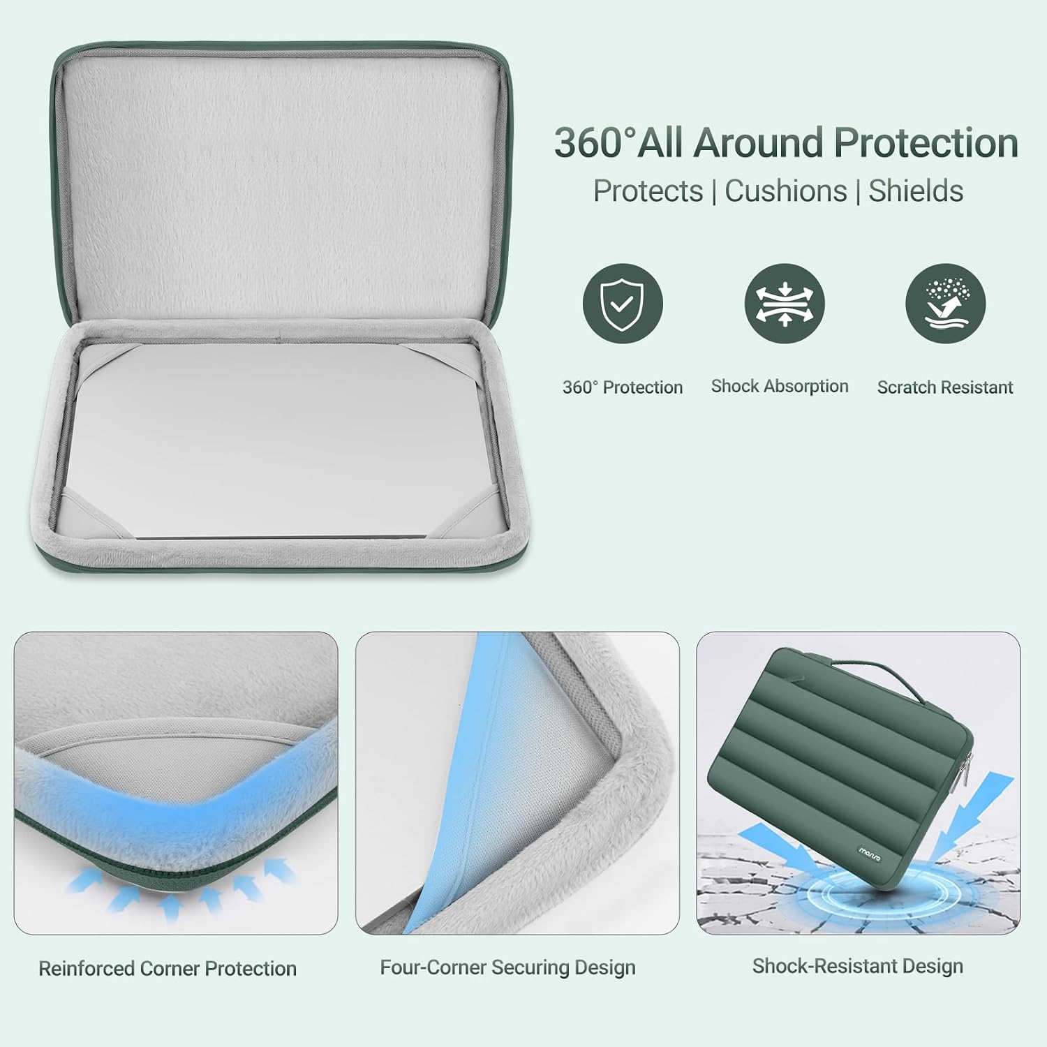 360° All Around Protection  
Protects | Cushions | Shields  
360° Protection  
Shock Absorption  
Scratch Resistant  
Reinforced Corner Protection  
Four-Corner Securing Design  
Shock-Resistant Design