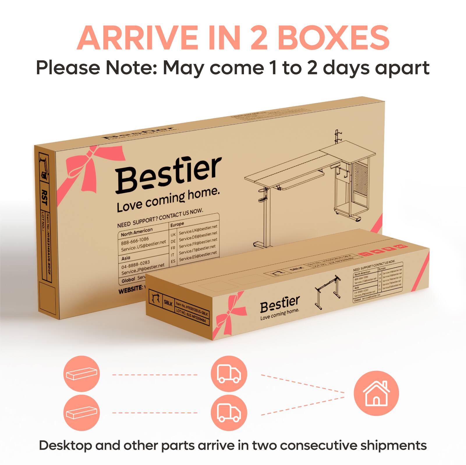 Arrive in 2 Boxes. Please Note: May come 1 to 2 days apart. Bestier home. Love coming. CONTACT: Need support? Europe, North American, and Asia. Service@bestier.net. 888-666-1086. DE ServiceDE@bestier.net. 04-8888-0283. JP ServiceJP@bestier.net. Desktop and other parts arrive in two consecutive shipments.