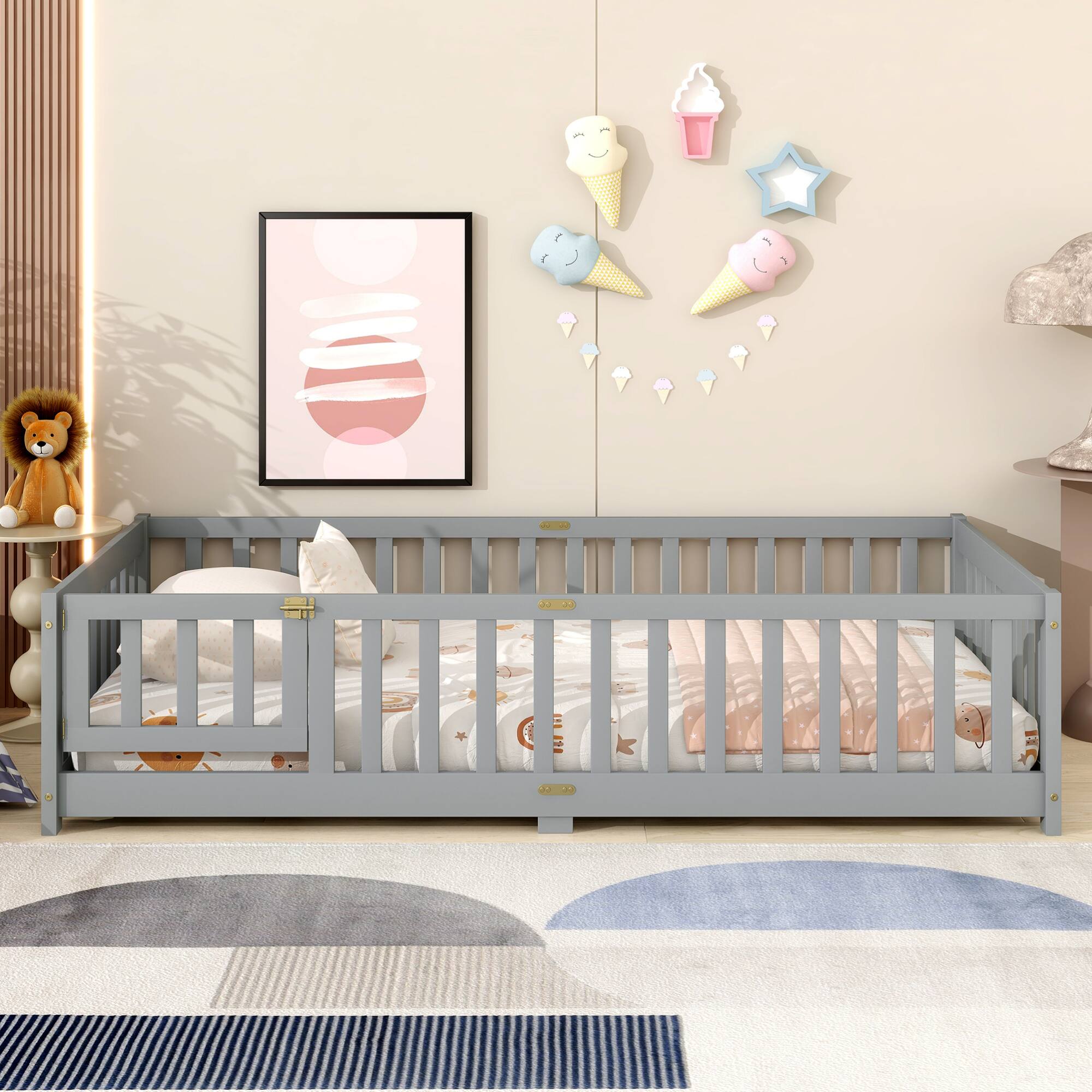 Alt View 6. GOODSILO - Twin Size Floor Bed with Safety Fence and Door for Kids, Sturdy Rubber Wood Construction - Grey.