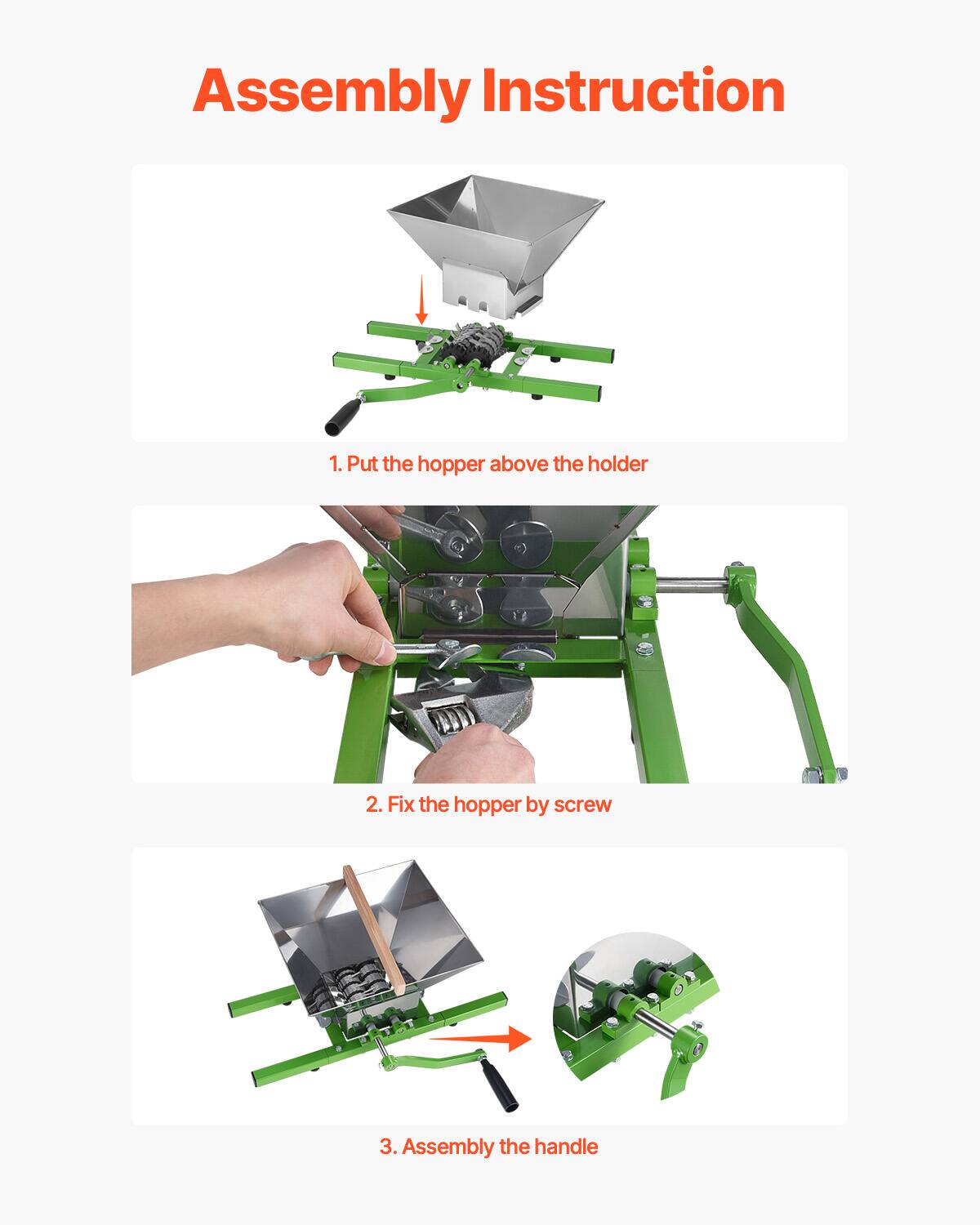 Assembly Instruction

1. Put the hopper above the holder

2. Fix the hopper by screw

3. Assembly the handle