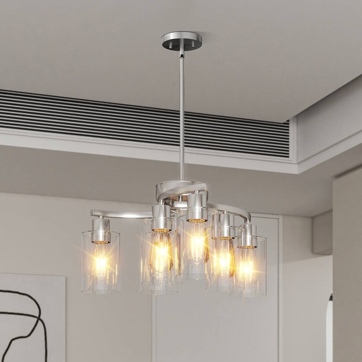 Angle. Loheer - Loheer 6 Light Chandelier, Brushed Nickel with Clear Glass Shades, Adjustable for Dining Rooms.