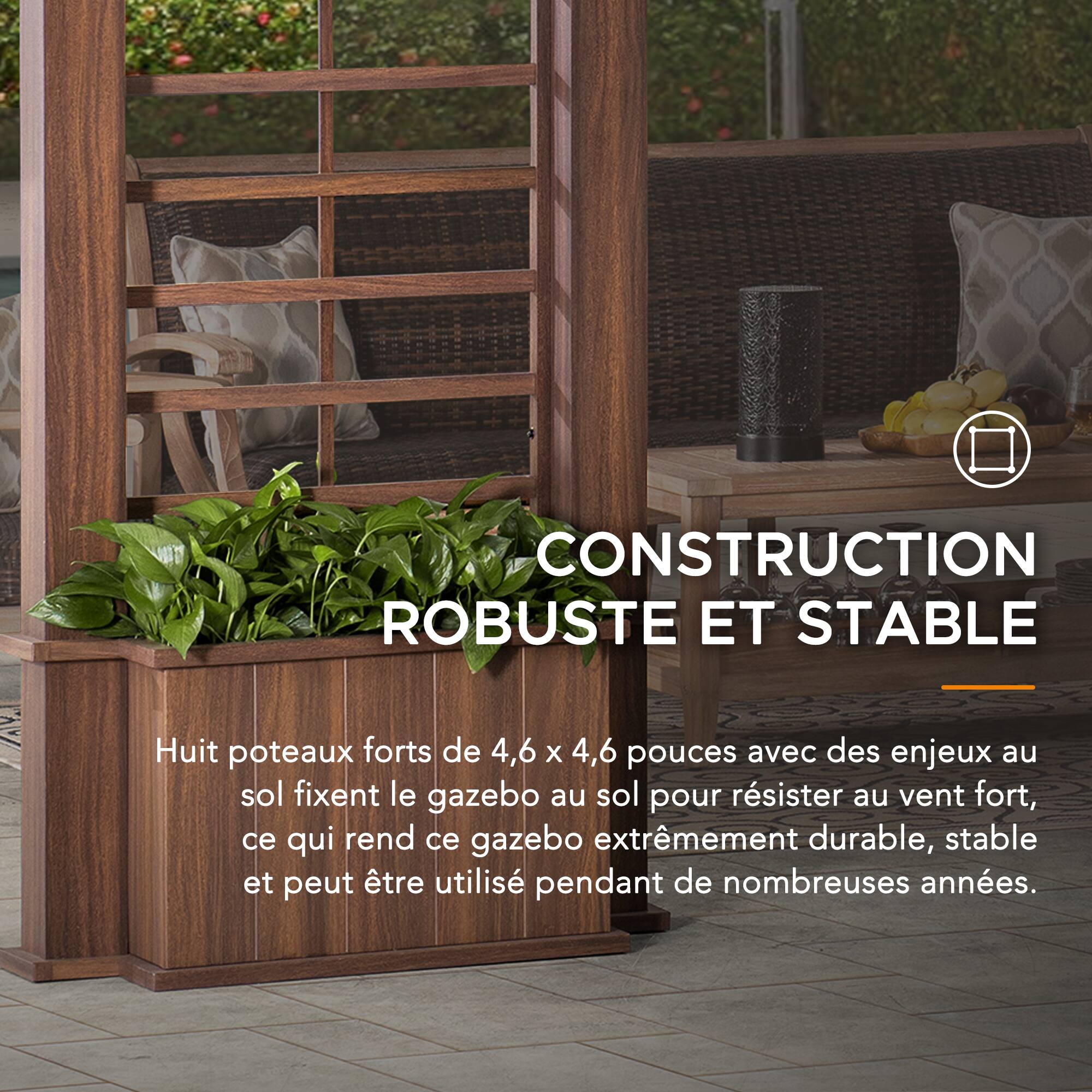CONSTRUCTION ROBUSTE ET STABLE  
Huit poteaux forts de 4,6 X 4,6 pouces avec des enjeux au sol fixent le gazebo au sol pour résister au vent fort, ce qui rend ce gazebo extrêmement durable, stable et peut être utilisé pendant de nombreuses années.