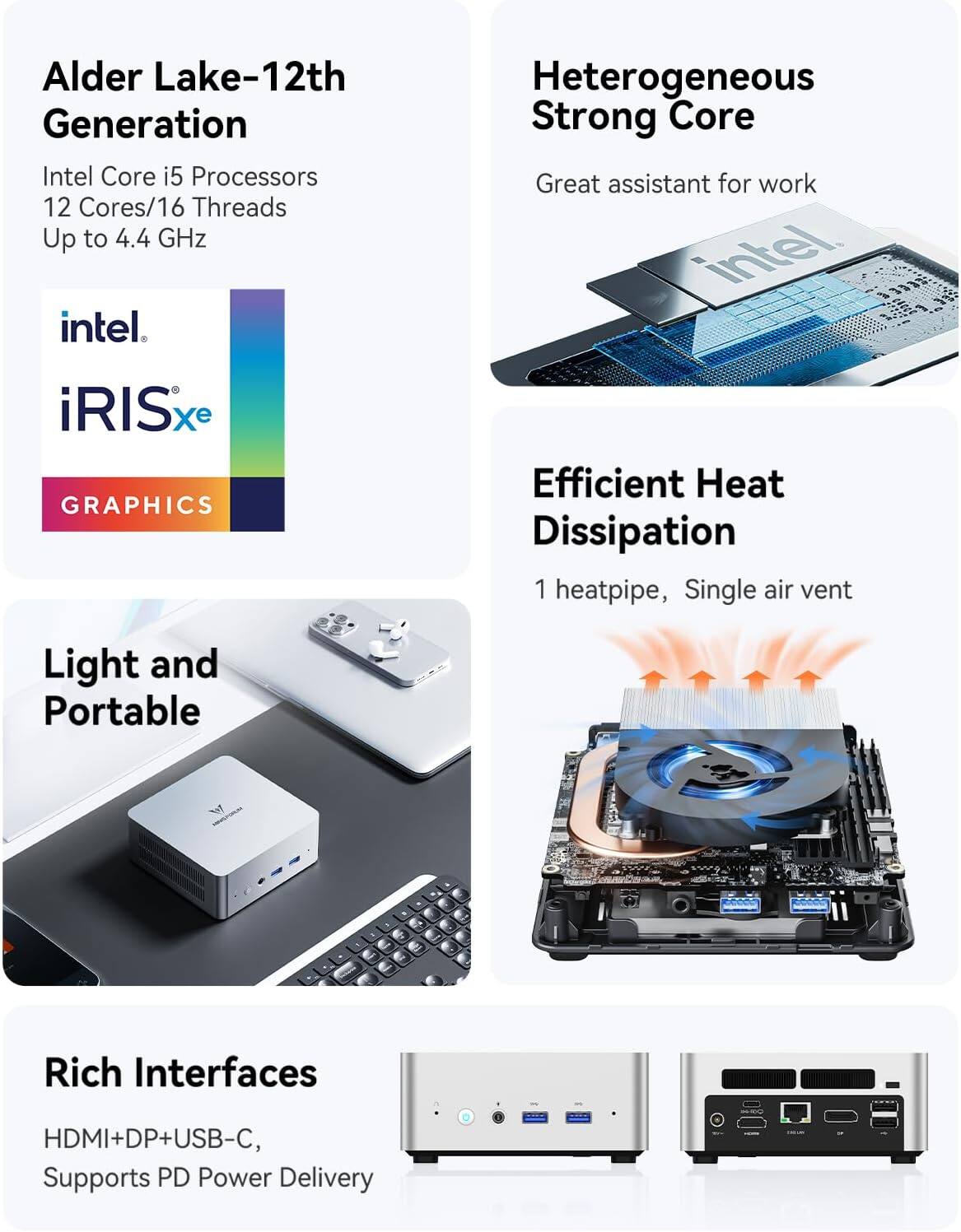 Alder Lake-12th Generation Intel Core i5 Processors 12 Cores/16 Threads Up to 4.4 GHz intel. iRISxe GRAPHICS

Heterogeneous Strong Core Great assistant for work intel.

Efficient Heat Dissipation 1 heatpipe, Single air vent

Light and Portable

Rich Interfaces HDMI+DP+USB-C, Supports PD Power Delivery
