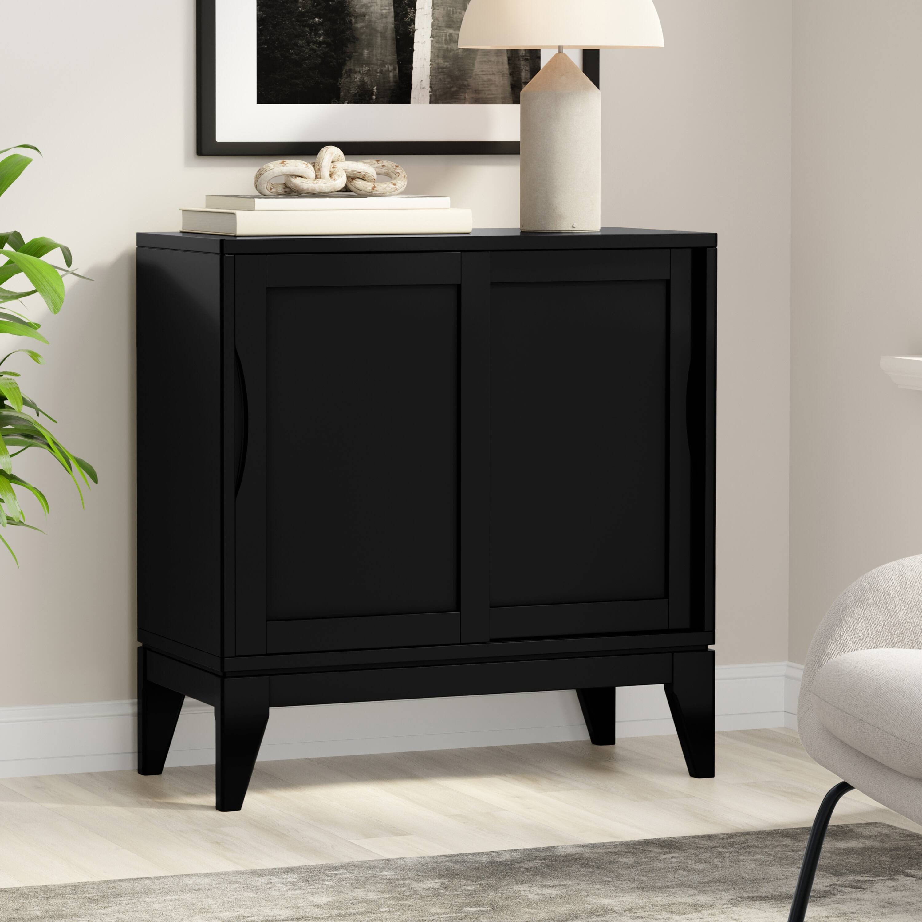 Simpli Home - Harper 30 inch Wide Solid Hardwood Mid-Century Modern Low Storage Cabinet - Black