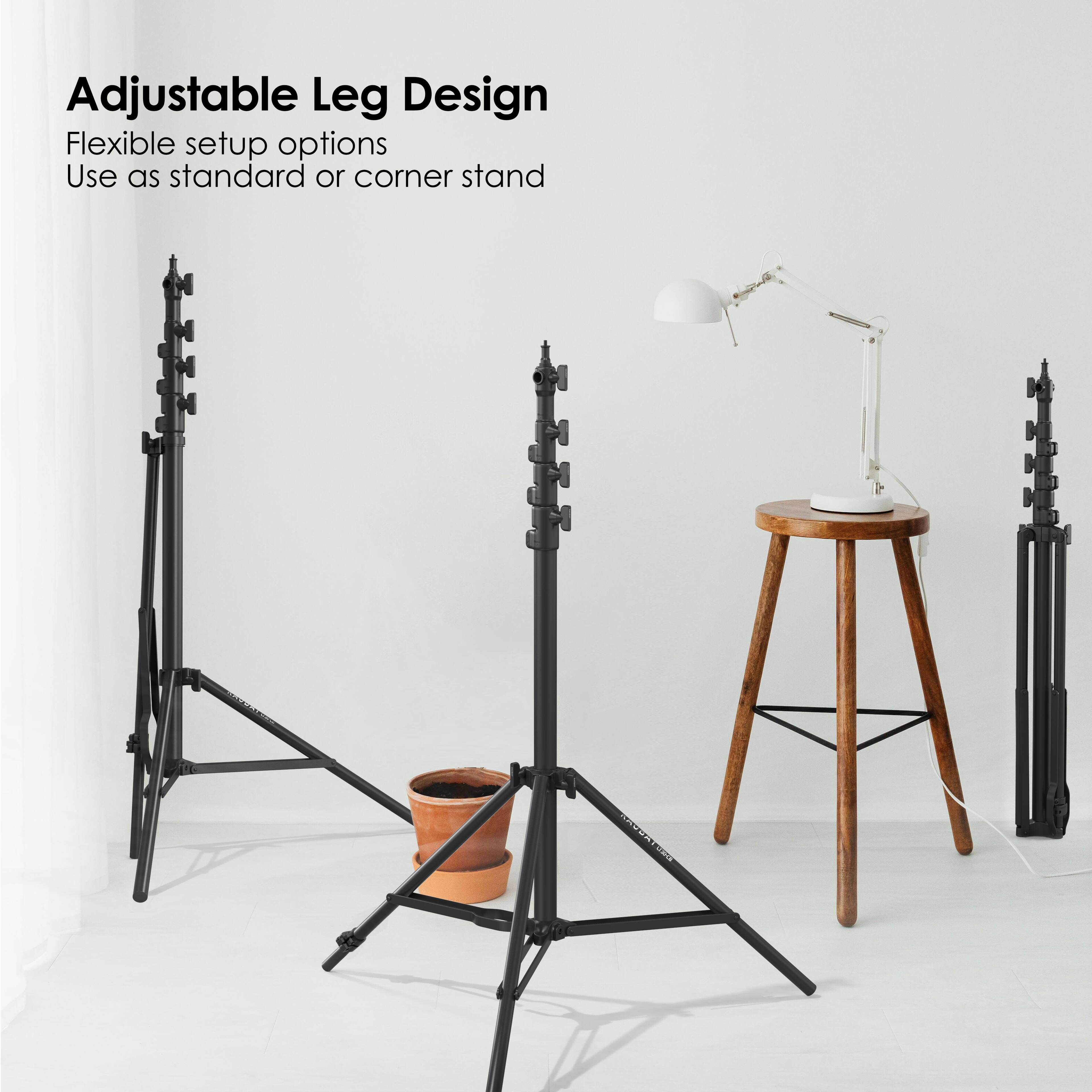 Adjustable Leg Design  
Flexible setup options  
Use as standard or corner stand