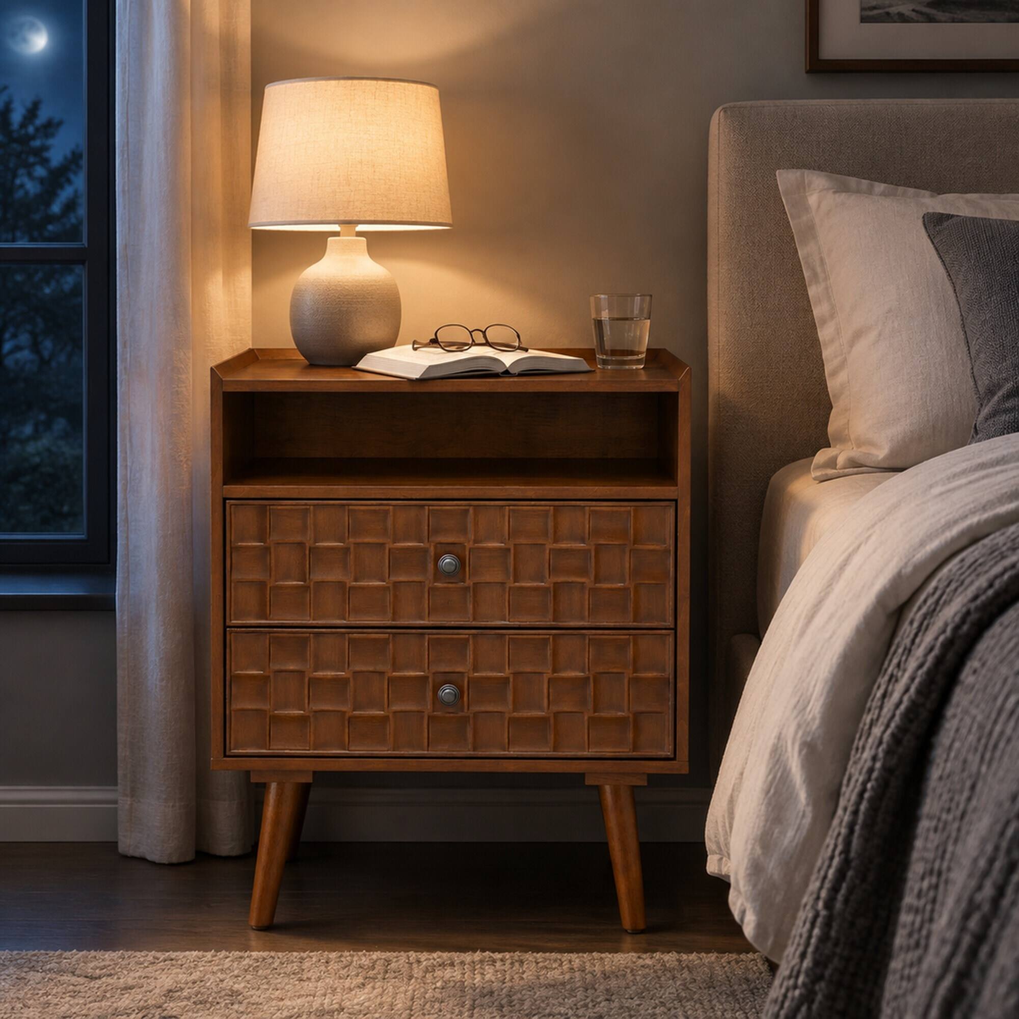 Back. RYHNUYNE - 2 Drawer Nightstand, Bedside Table with Charging Station, Open Shelf, Solid Wood Legs, 23.5 in Wide - Walnut.