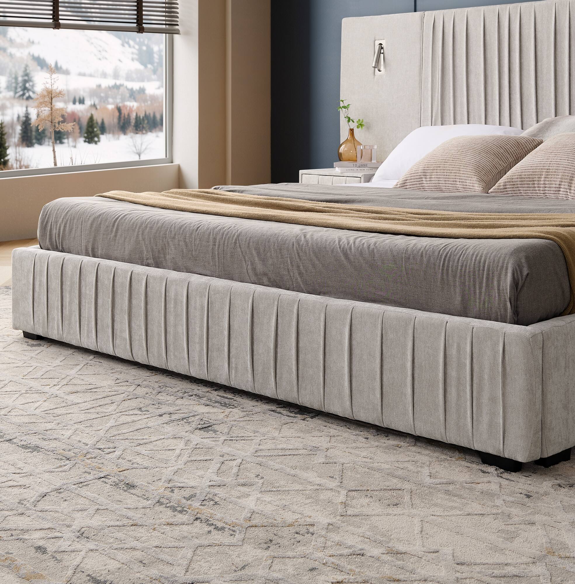 Angle. Anysun - King Chenille Upholstered Platform Bed with Pleated Design & Headboard - Solid Frame, Side Table, No Box Spring Needed - Beige.