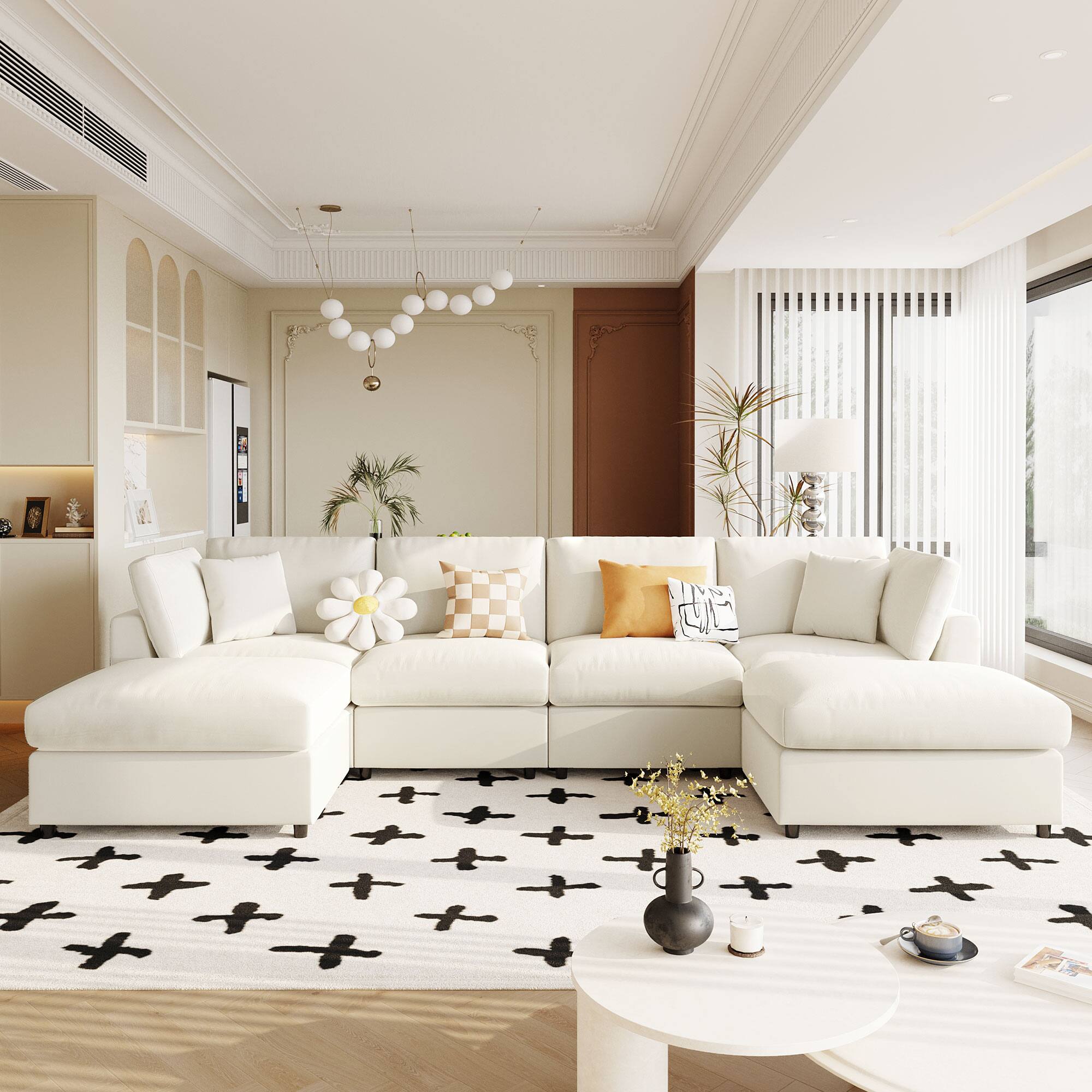 Angle. Whisen - 128" Modular U-Shaped Chenille Sectional Sofa with 2 Movable Ottomans for Living Room & Home Theater - Beige.
