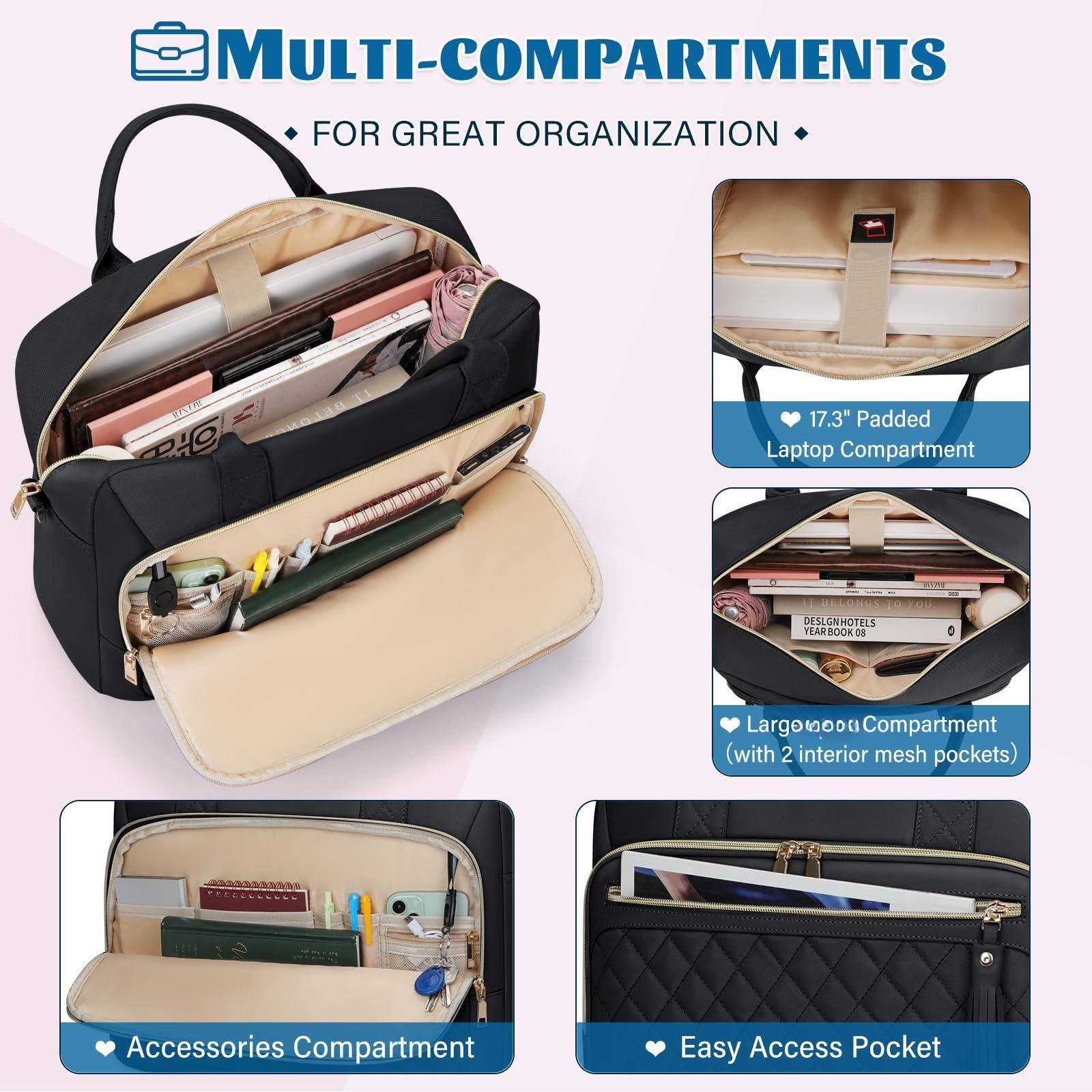 **MULTI-COMPARTMENTS**  
FOR GREAT ORGANIZATION

- **17.3" Padded Laptop Compartment**
- **Large Book Compartment** (with 2 interior mesh pockets)
- **Accessories Compartment**
- **Easy Access Pocket**