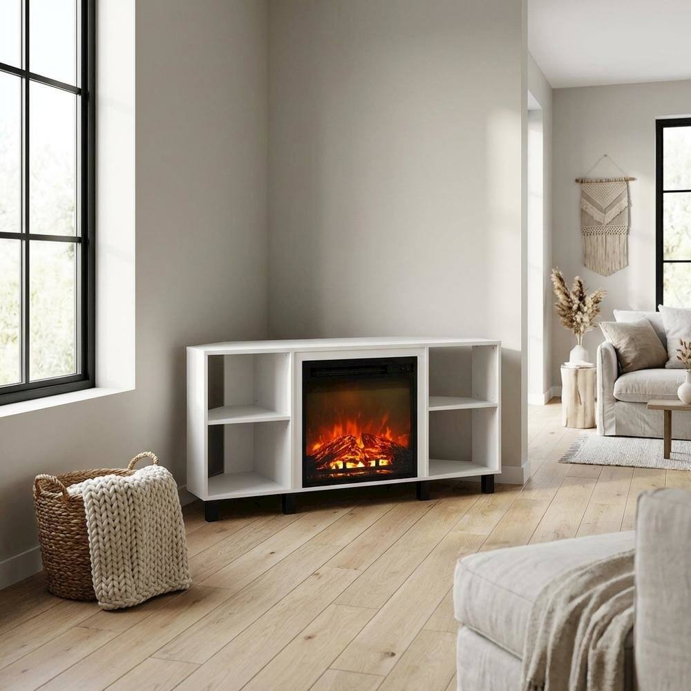 Alt View 2. FurniFact - White Corner Fireplace TV Stand with 4 Open Storage Compartments in Wood Finish - White.