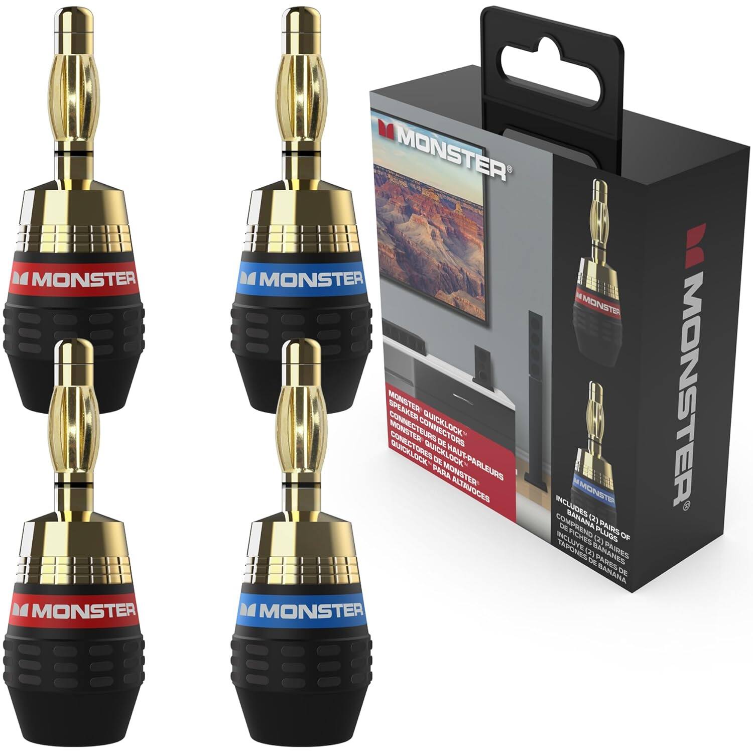 Monster - XP QuickLock Self-Crimping Banana Plugs for Speaker Wire Gold Contacts - 2 Pair, Home Theatre & Home Audio Speakers - Blue and Red