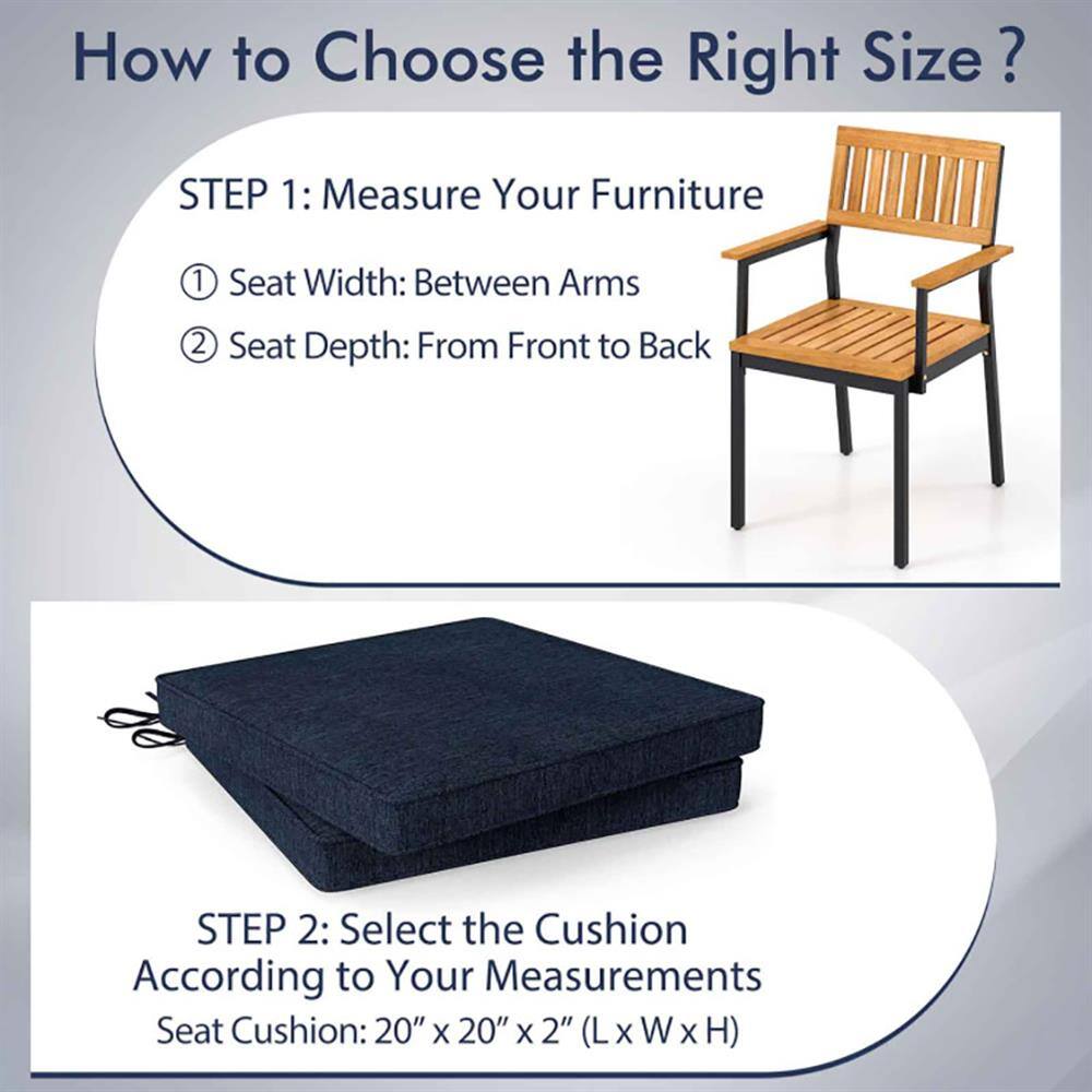 How to Choose the Right Size?

STEP 1: Measure Your Furniture
1. Seat Width: Between Arms
2. Seat Depth: From Front to Back

STEP 2: Select the Cushion According to Your Measurements
Seat Cushion: 20" x 20" x 2" (L x W x H)