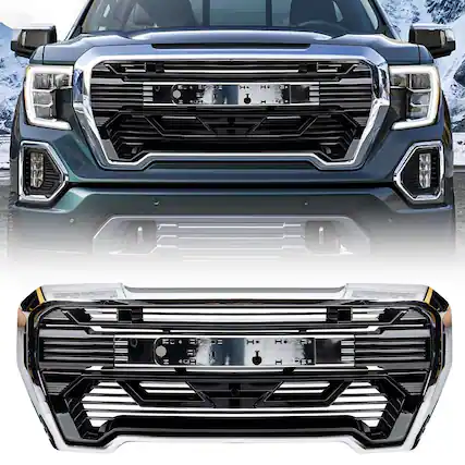 Front. AMERICAN MODIFIED - AMERICAN MODIFIED Grille w/Emblem Base for 2019-2021 GMC Sierra 1500, Chrome - Chrome.