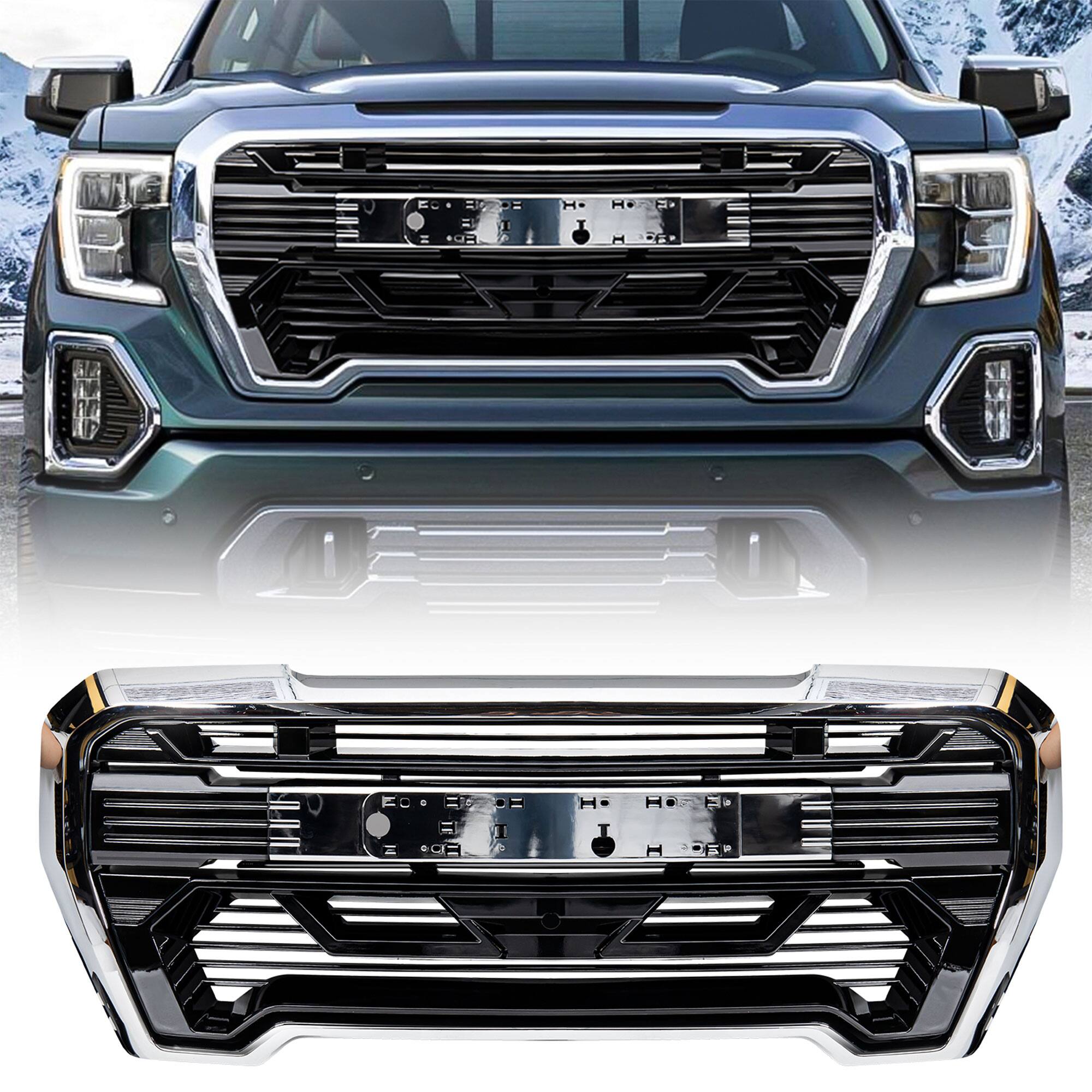 Front. AMERICAN MODIFIED - AMERICAN MODIFIED Grille w/Emblem Base for 2019-2021 GMC Sierra 1500, Chrome - Chrome.