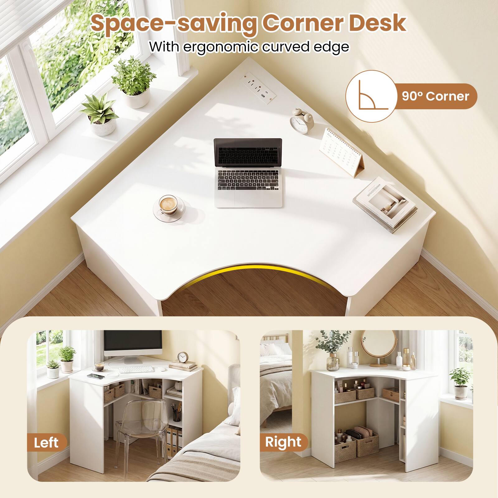 Space-saving Corner Desk With ergonomic curved edge 90° Corner - Left Right