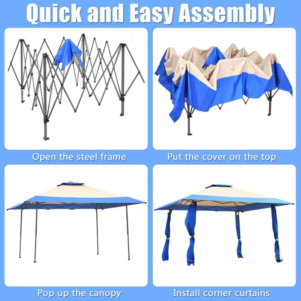 Quick and Easy Assembly

1. Open the steel frame
2. Put the cover on the top
3. Pop up the canopy
4. Install corner curtains
