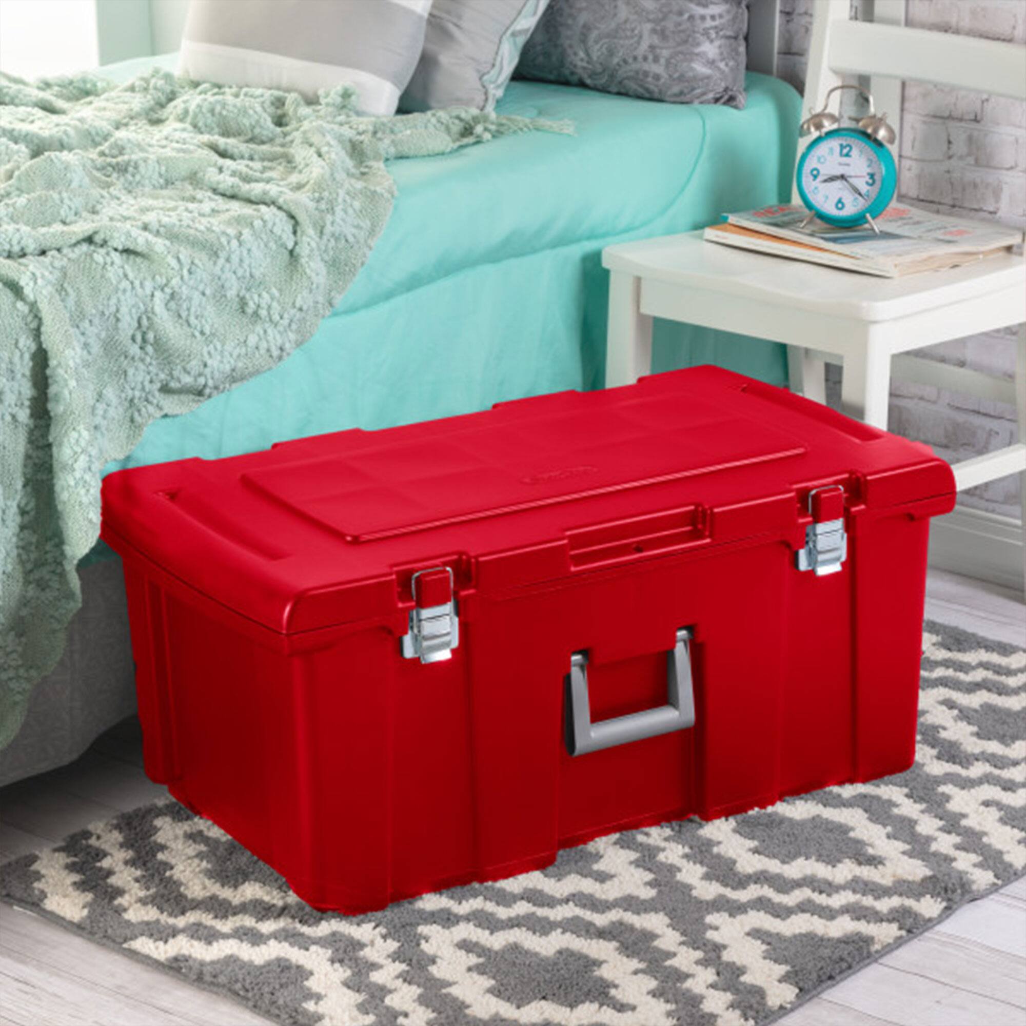 Alt View 4. Sterilite - Sterilite Wheeled Footlocker, Plastic Utility Lockable Storage Container, Red - Red.