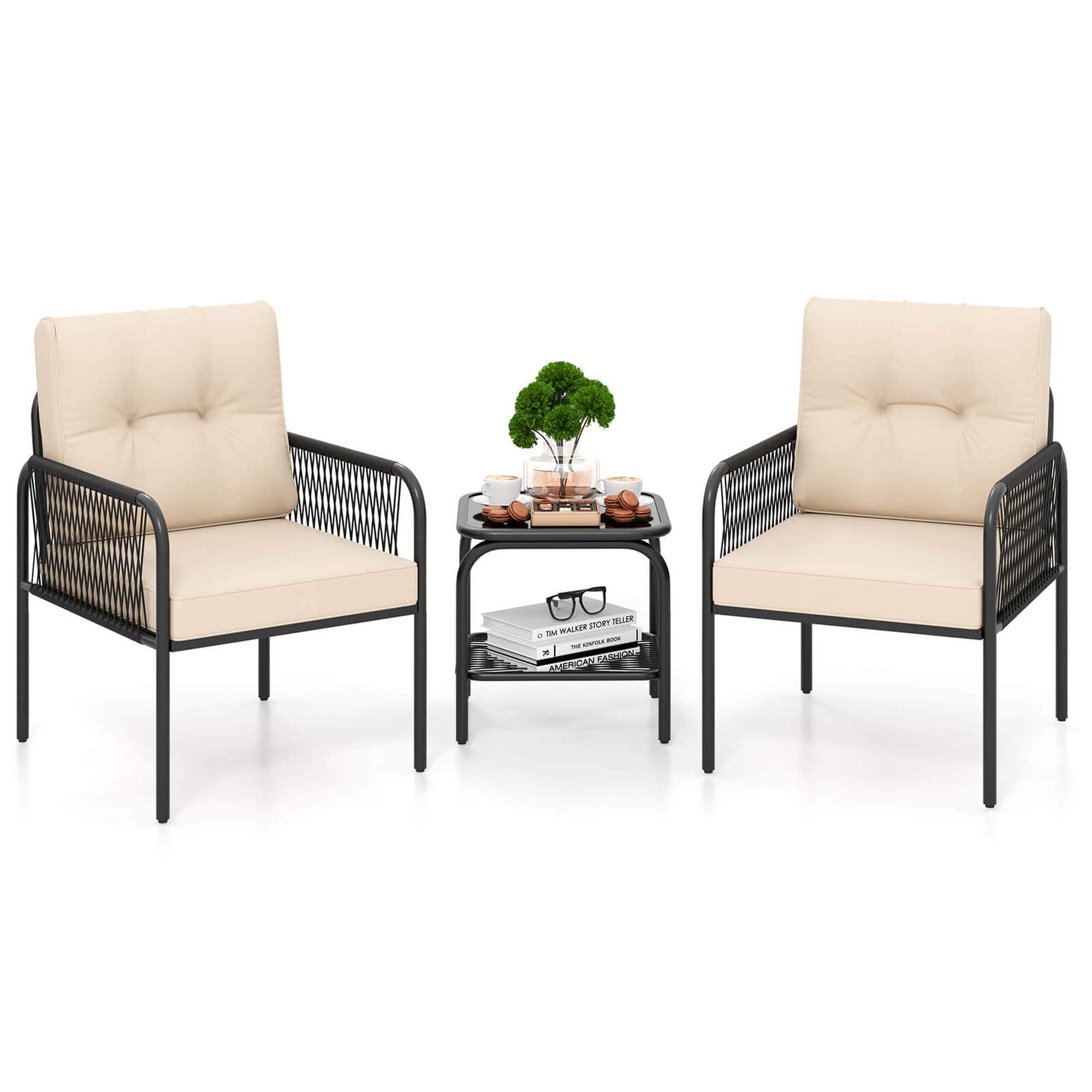 Costway - 3 PCS Patio Bistro Set with Tempered Glass Table Chairs Back and Seat Cushions - Beige price history on PriceWatchPro