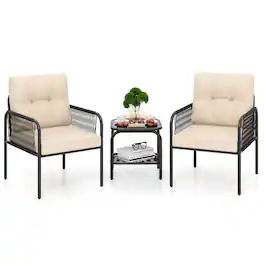 Costway - 3 PCS Patio Bistro Set with Tempered Glass Table Chairs Back and Seat Cushions - Beige