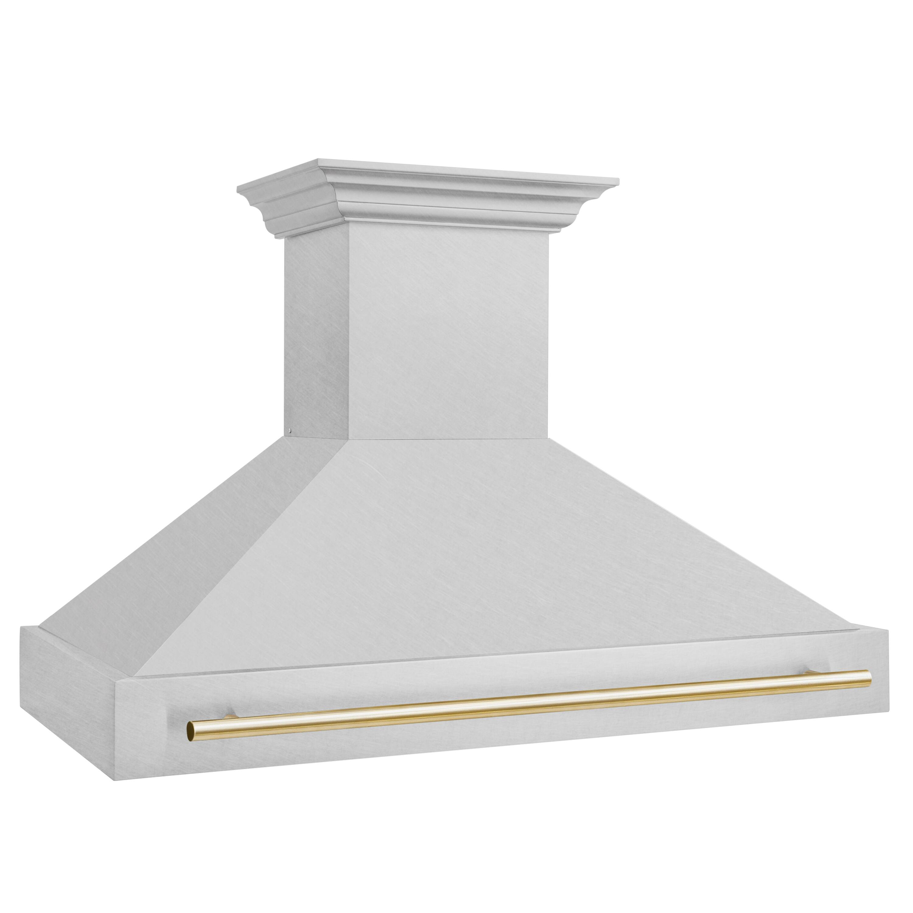 Angle. ZLINE - ZLINE Autograph Edition 48 in. Satin Stainless Steel Wall Mount Range Hood with Polished Gold Handle (8654SNZ-48-G) - Satin Stainless Steel.