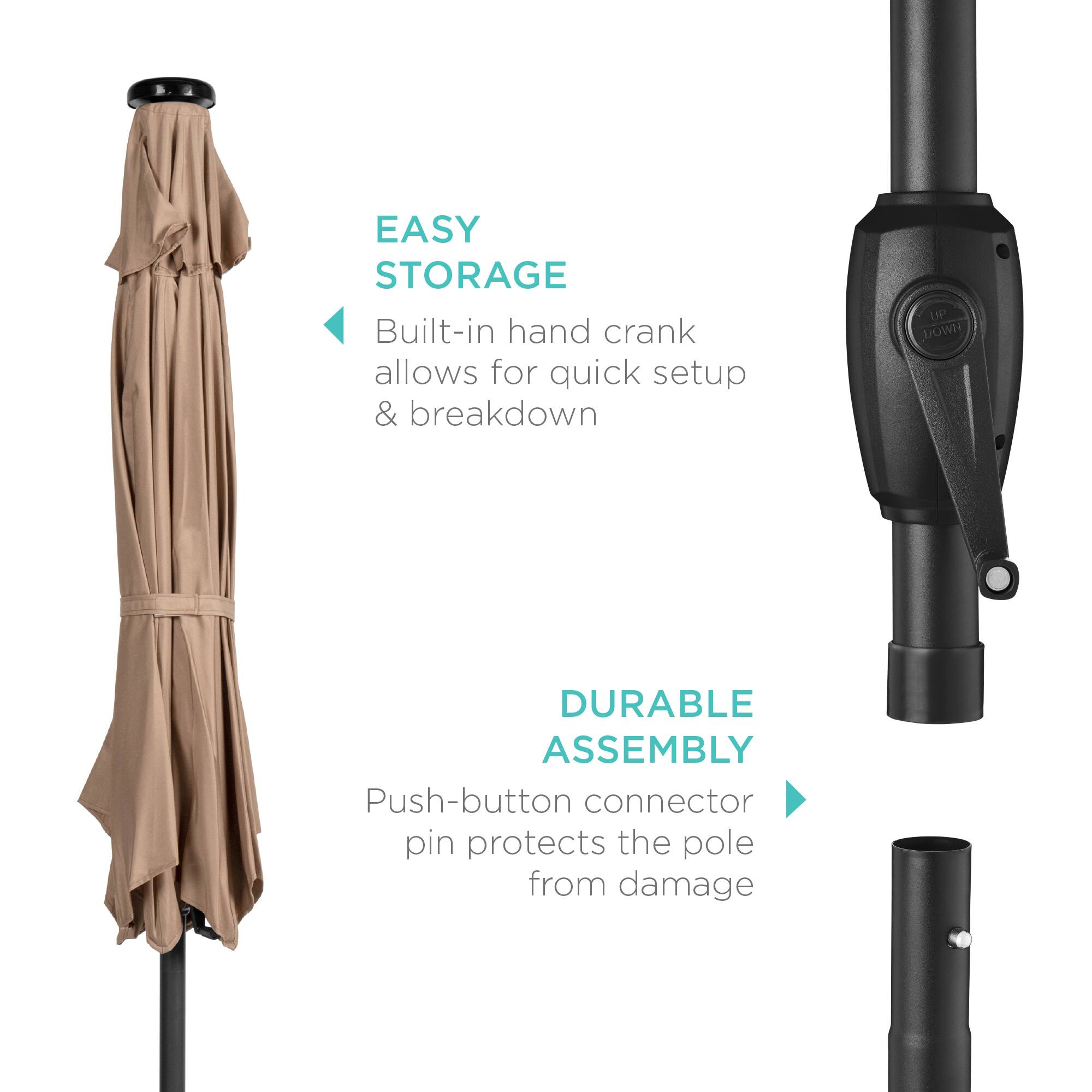 EASY STORAGE  
Built-in hand crank allows for quick setup & breakdown  

DURABLE ASSEMBLY  
Push-button connector pin protects the pole from damage