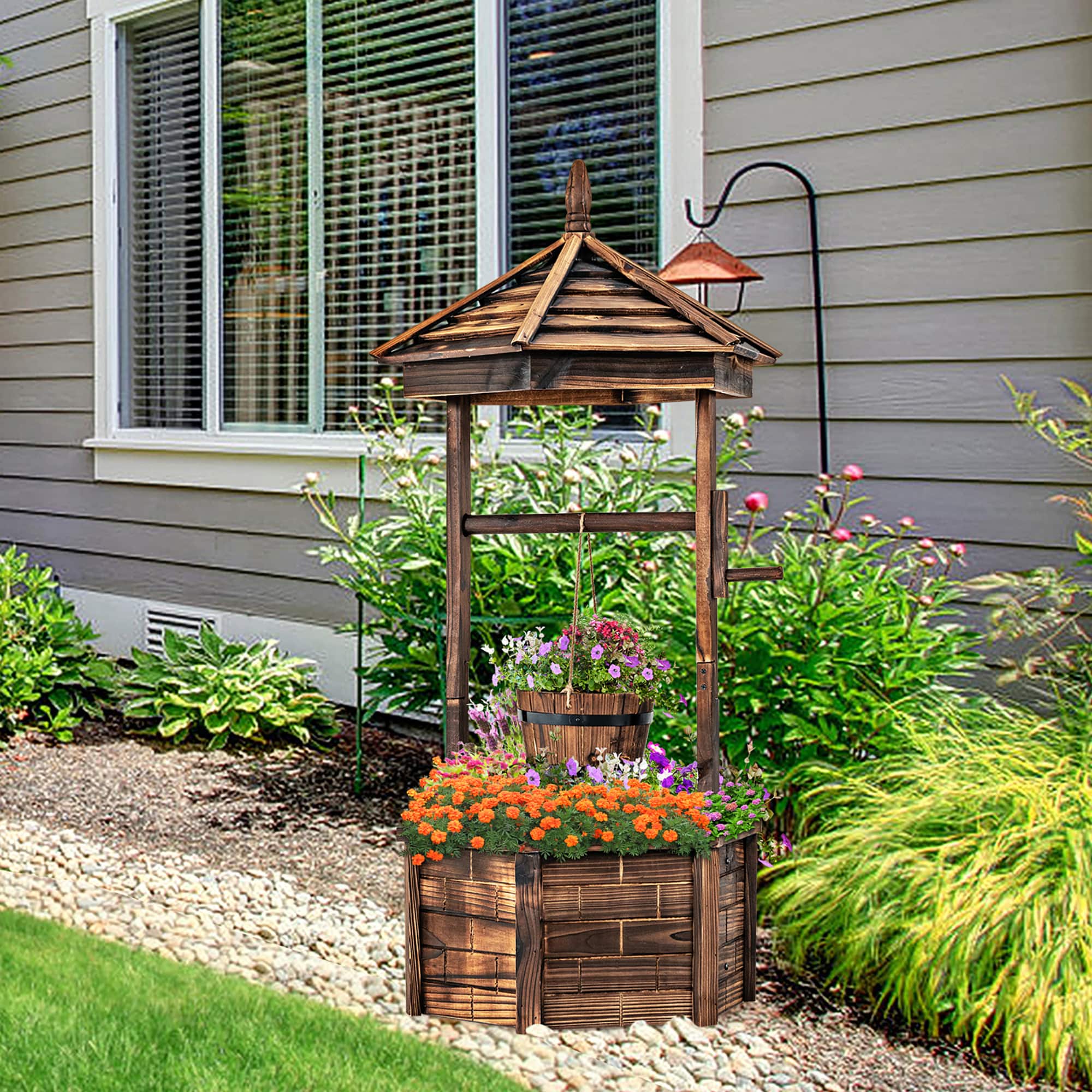 Costway Wooden Wishing Well Hexagonal Bucket Flower Plants Planter