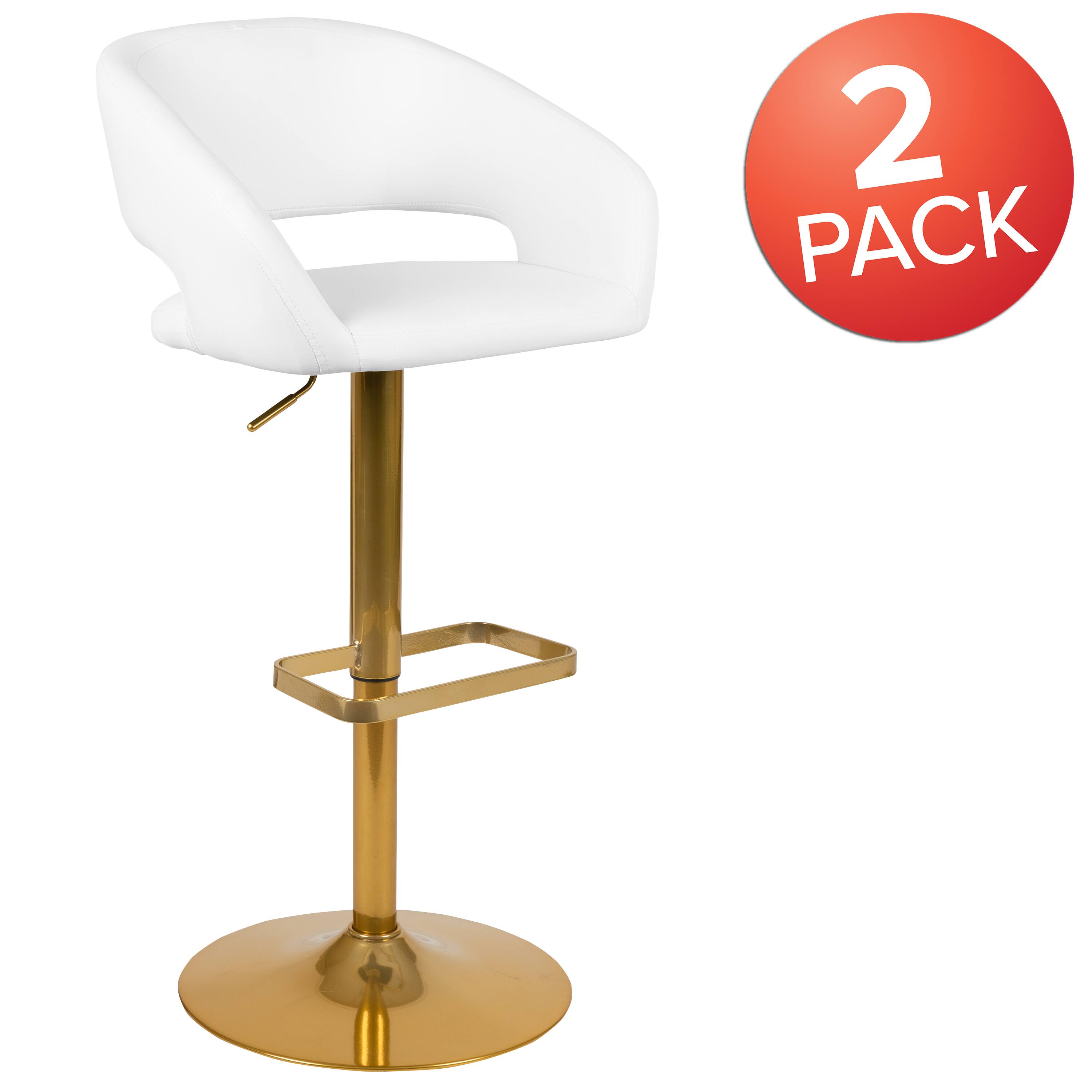 Alt View 2. Emma + Oliver - Modern Vinyl Adjustable Height Barstool with Horizontal Stitch Back, Set of 2 - White/Gold Frame.