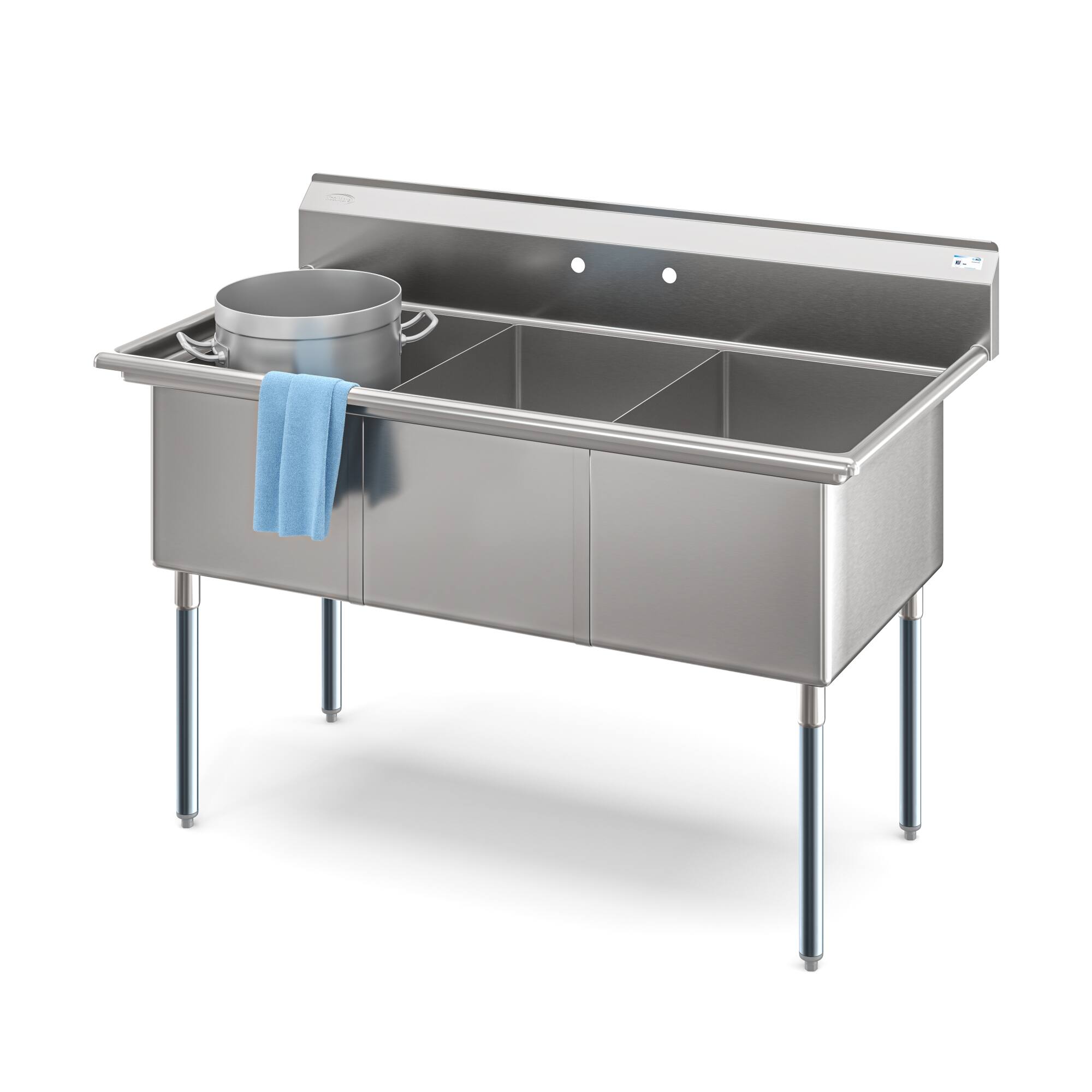 Angle. Koolmore - 60 in. Three Compartment  Sink, Bowl Size 18x24x14 in 18-Gauge Stainless-Steel (KM-SC182414-N3) - Stainless Steel.