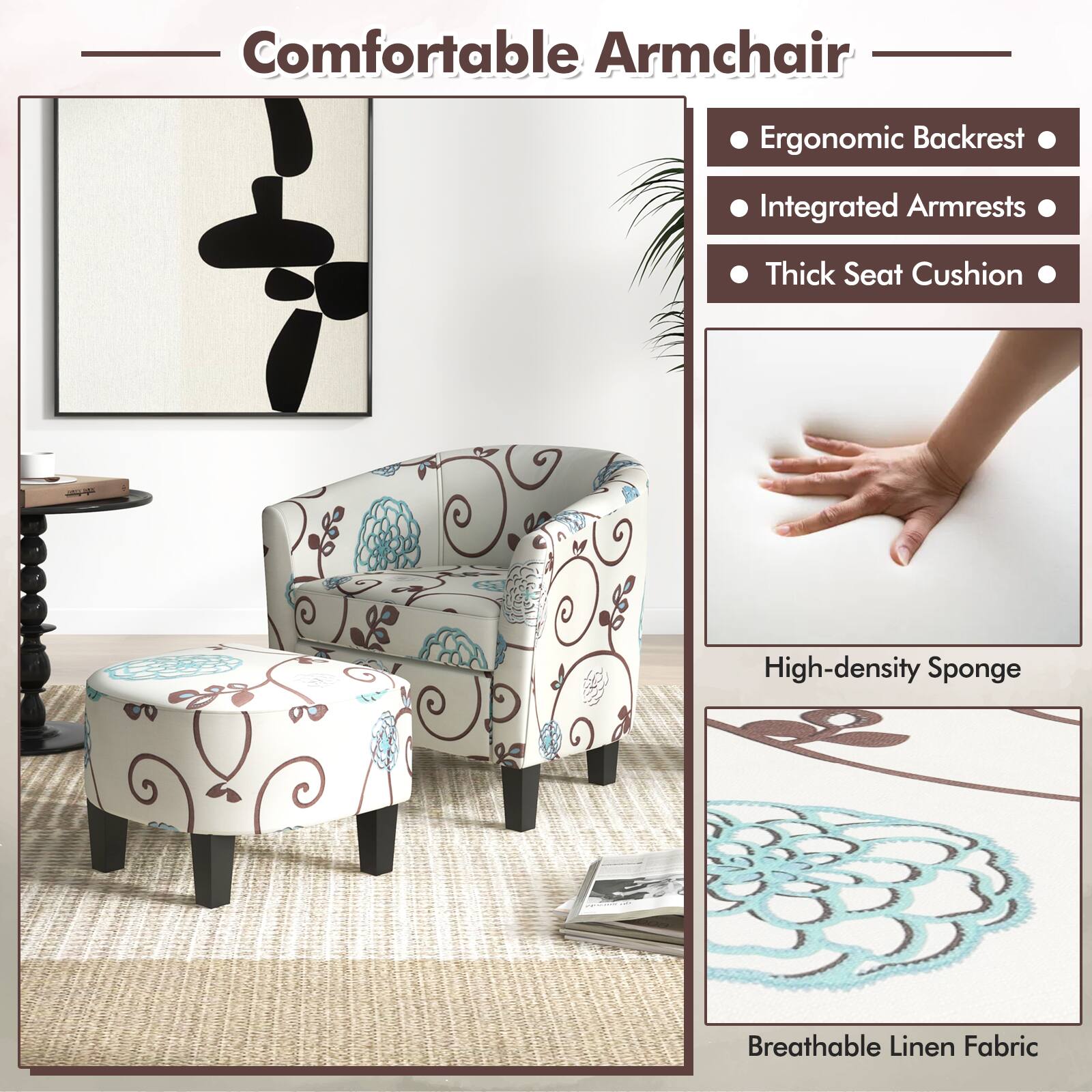 Comfortable Armchair

- Ergonomic Backrest
- Integrated Armrests
- Thick Seat Cushion
- High-density Sponge
- Breathable Linen Fabric
