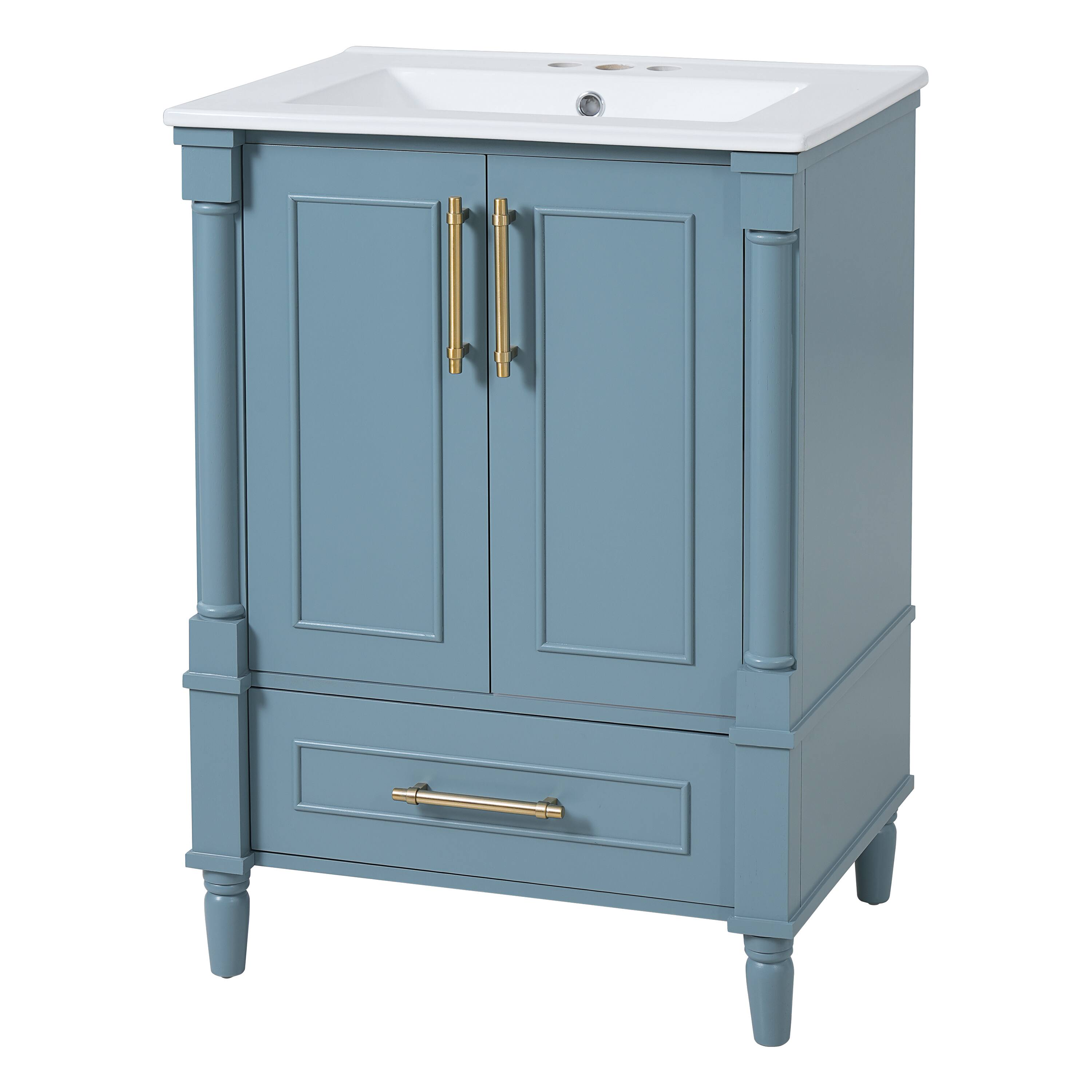 Left. Whisen - 24" Bathroom Vanity Cabinet with Sink Drawer Adjustable Shelf and Soft-Close Hinges Small Storage - Indigo Blue.