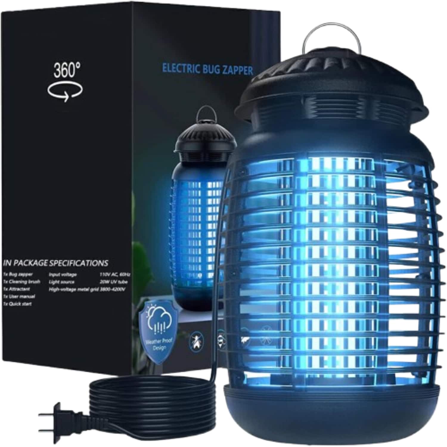 360° ELECTRIC BUG ZAPPER
IN PACKAGE SPECIFICATIONS
- Electric bug zapper
- Cleaning brush
- Attractant
- User manual
- Quick start
Input voltage: 110V AC, 60Hz
Light source: 20W UV tube
High-voltage metal grid: 3800-4200V
Weather Proof Design