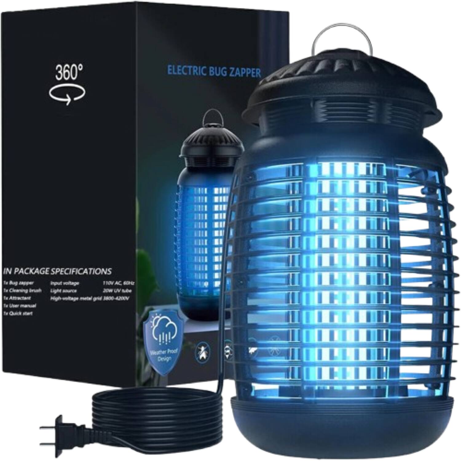 360° ELECTRIC BUG ZAPPER
IN PACKAGE SPECIFICATIONS
- Electric bug zapper
- Cleaning brush
- Attractant
- User manual
- Quick start
Input voltage: 110V AC, 60Hz
Light source: 20W UV tube
High-voltage metal grid: 3800-4200V
Weather Proof Design
