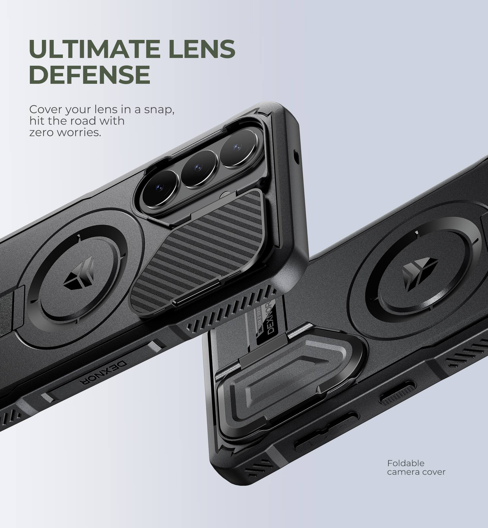 ULTIMATE LENS DEFENSE

Cover your lens in a snap, hit the road with zero worries.

DEXNOR

Foldable camera cover