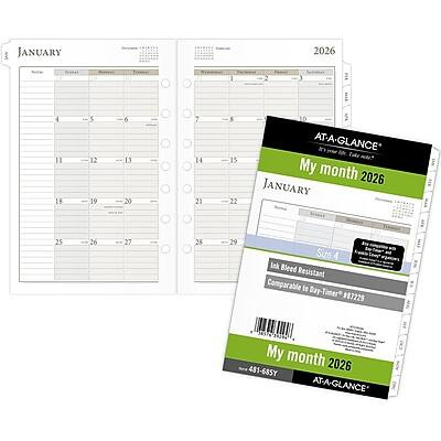 **AT-A-GLANCE**

**My month 2026**

**JANUARY 2026**

**Size 4**

**Ink Bleed Resistant**

**Comparable to Day-Timer #87229**

**30376**

**481-685Y**

**AT-A-GLANCE**