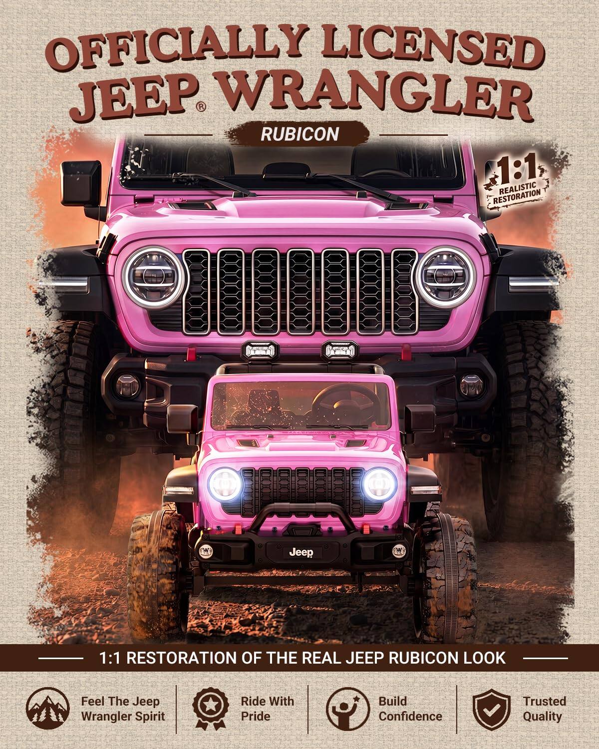 OFFICIALLY LICENSED JEEP WRANGLER RUBICON  
1:1 RESTORATION REALISTIC  

1:1 RESTORATION OF THE REAL JEEP RUBICON LOOK  

Feel The Jeep Wrangler Spirit  
Ride With Pride  
Build Confidence  
Trusted Quality