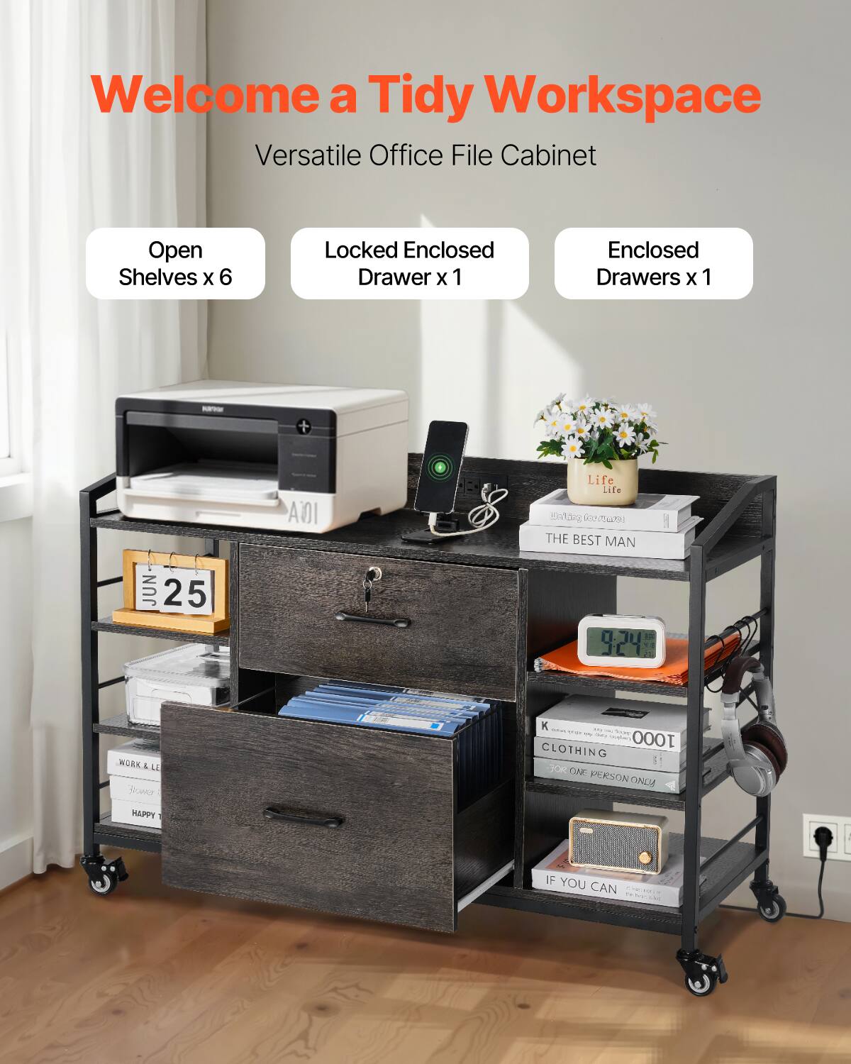 Welcome a Tidy Workspace  
Versatile Office File Cabinet  

Open Shelves x 6  
Locked Enclosed Drawer x 1  
Enclosed Drawers x 1  

Life  
THE BEST MAN  
CLOTHING  
IF YOU CAN  

WORK & LE  
HAPPY  

25  

9:24  

ADI Life  
THE BEST MAN  
JUN 25  
JC 2 WORK  
LL ow K  

1000 CLOTHING  
FOR ONE PERSON ONLY  
MAPPY IF YOU CAN