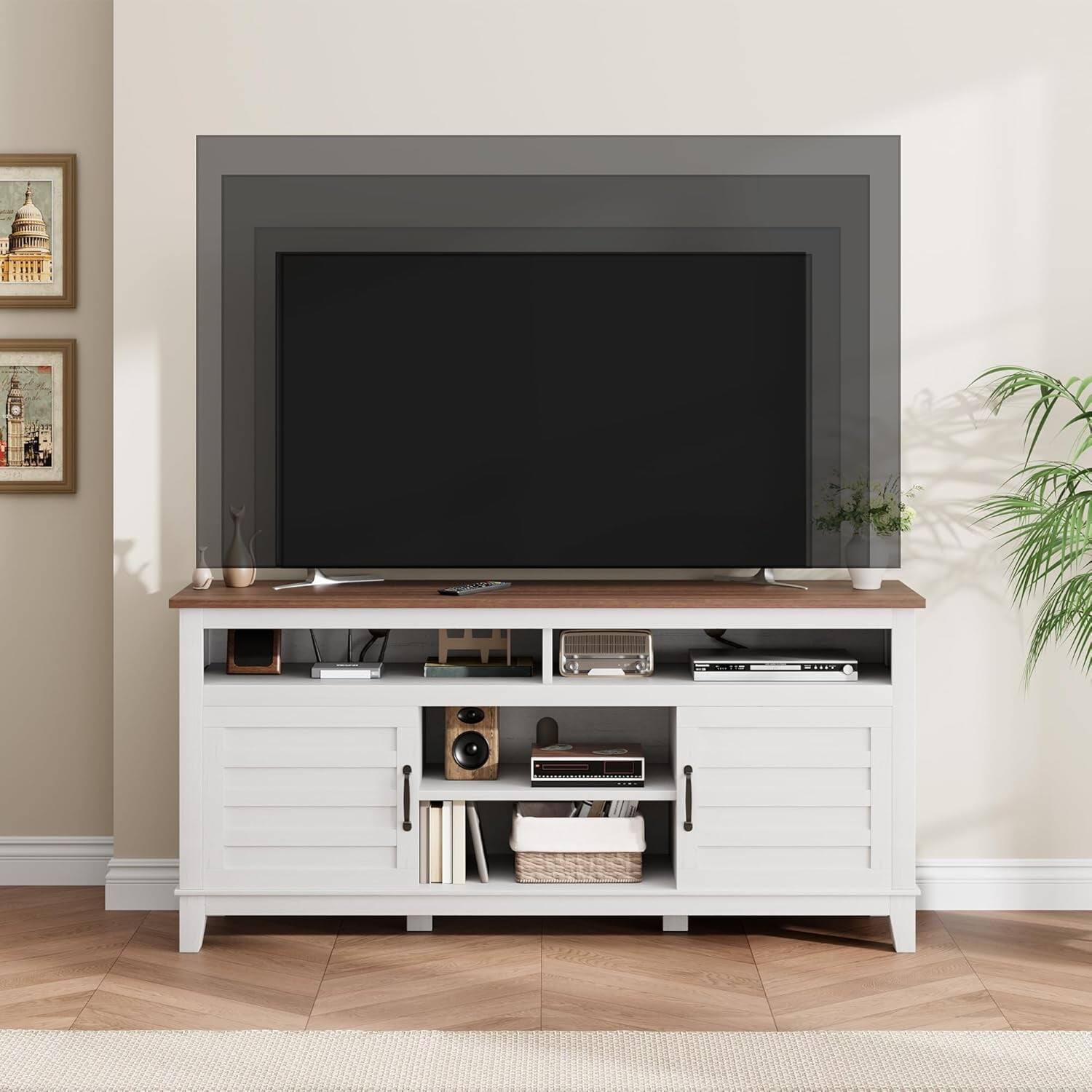 Back. Homhougo - TV Stand for 63-Inch TV, White Farmhouse Entertainment Center with Adjustable Shelves & Doors - White.