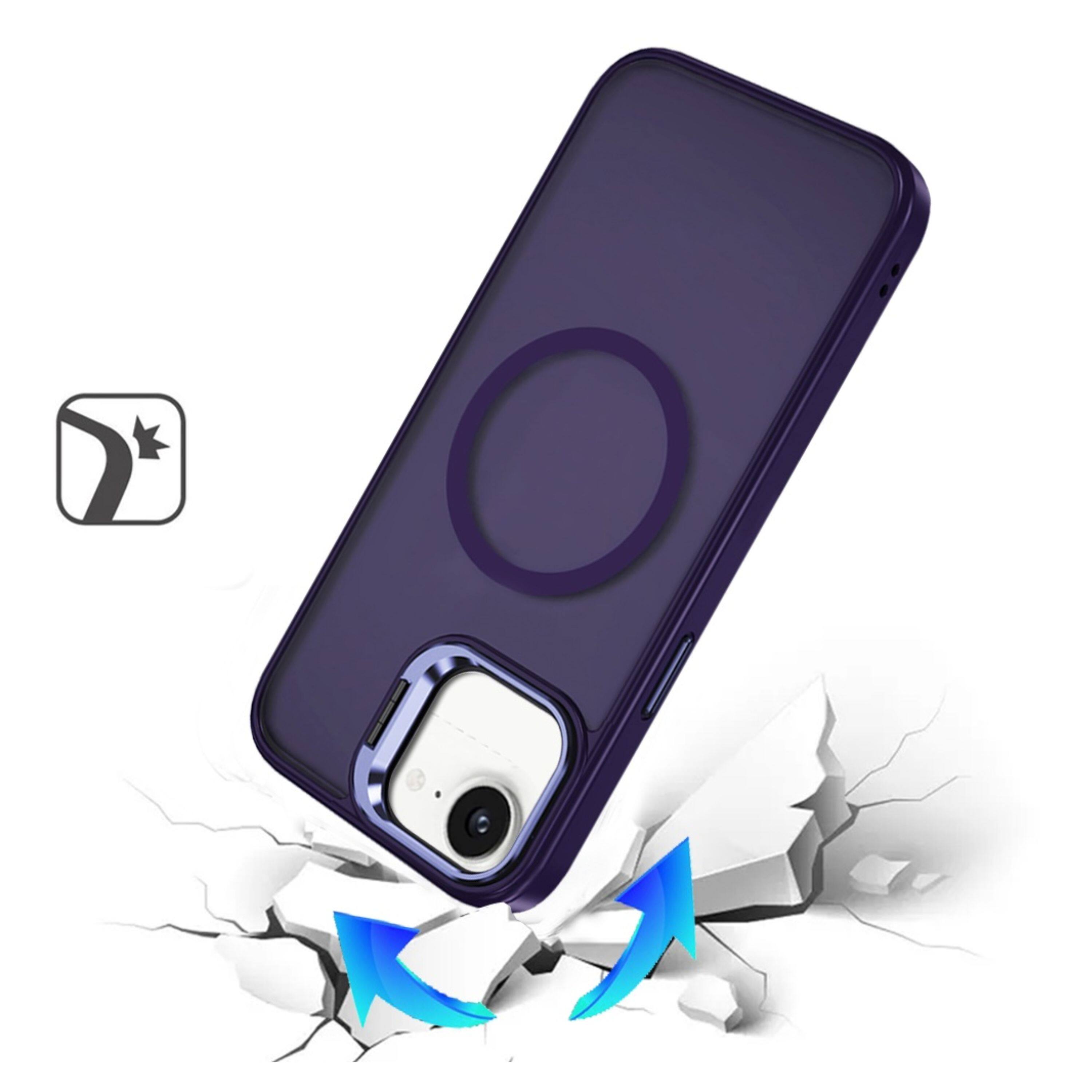 Angle. Kitcheniva - Metallic Magnetic Circle Lens Stand Phone Case With Tempered Glass For iPhone 16e/17e Dark Purple - Dark Purple.